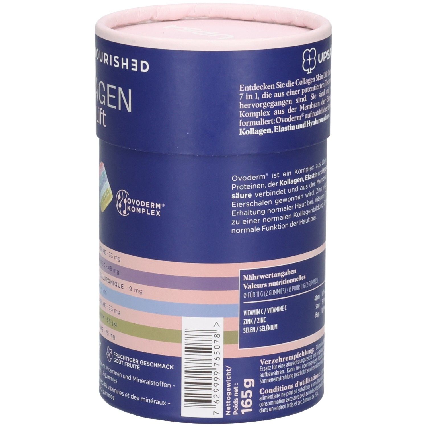 Seitenansicht einer runden Dose mit Nährwertangaben und Anwendungshinweisen für "Collagen Skin Lift".