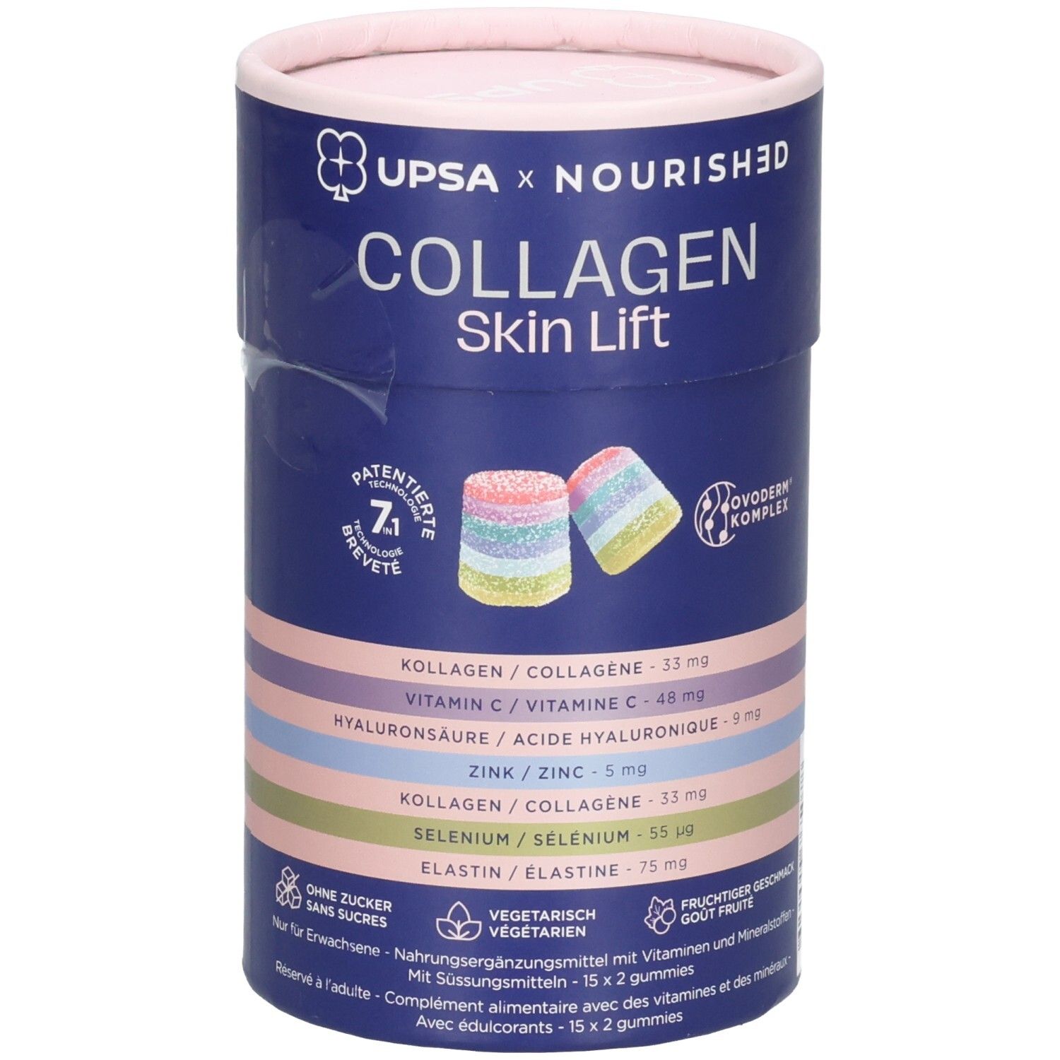 Runde Dose mit "UPSA x Nourished Collagen Skin Lift" Aufdruck. Enthält bunte Gummibonbons.