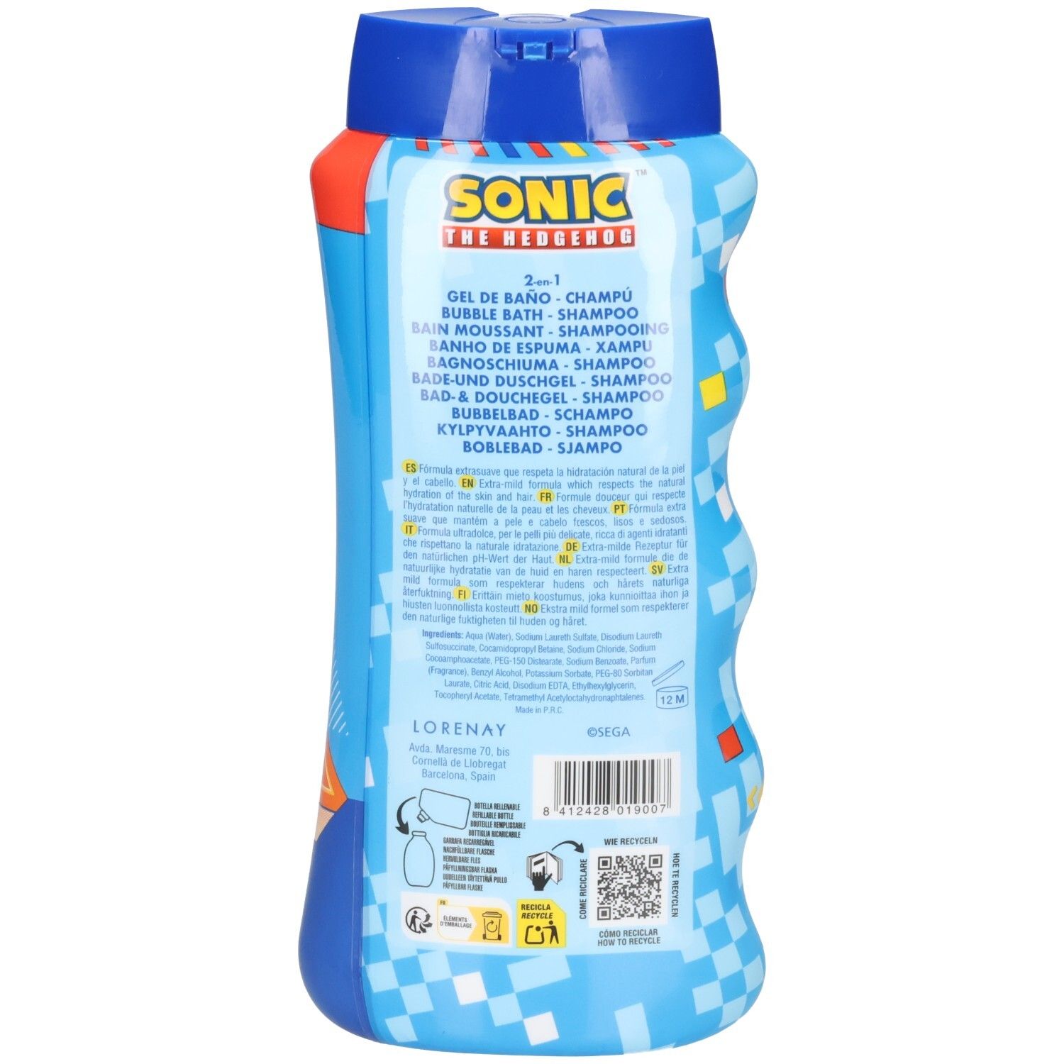 Rückseite der Sonic the Hedgehog 2-in-1 Duschgel & Shampoo Flasche mit Produktinformationen.