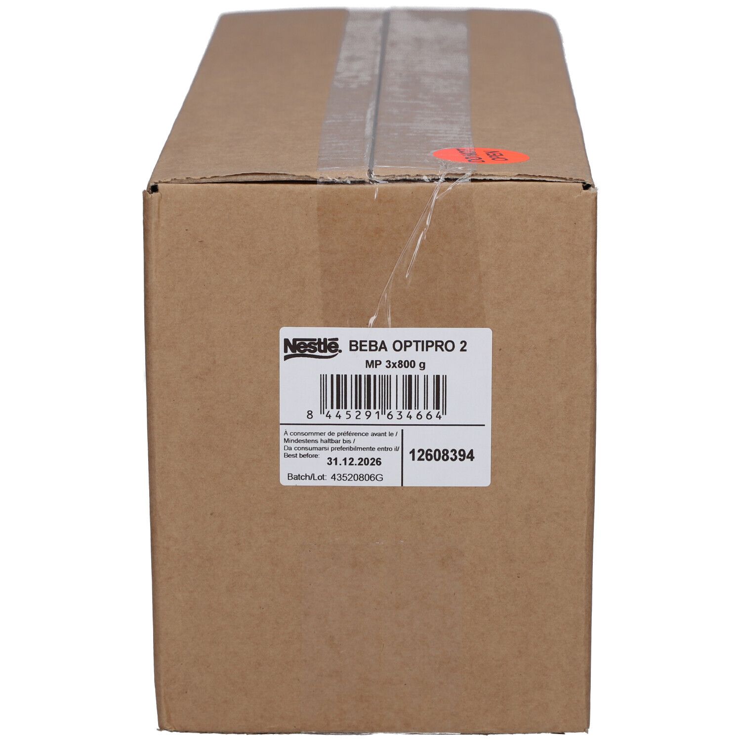 Carton avec impression. Étiquette avec informations produit: BEBA OPTIPRO 2, MP 3x800 g. Date limite de consommation: 31.12.2026.