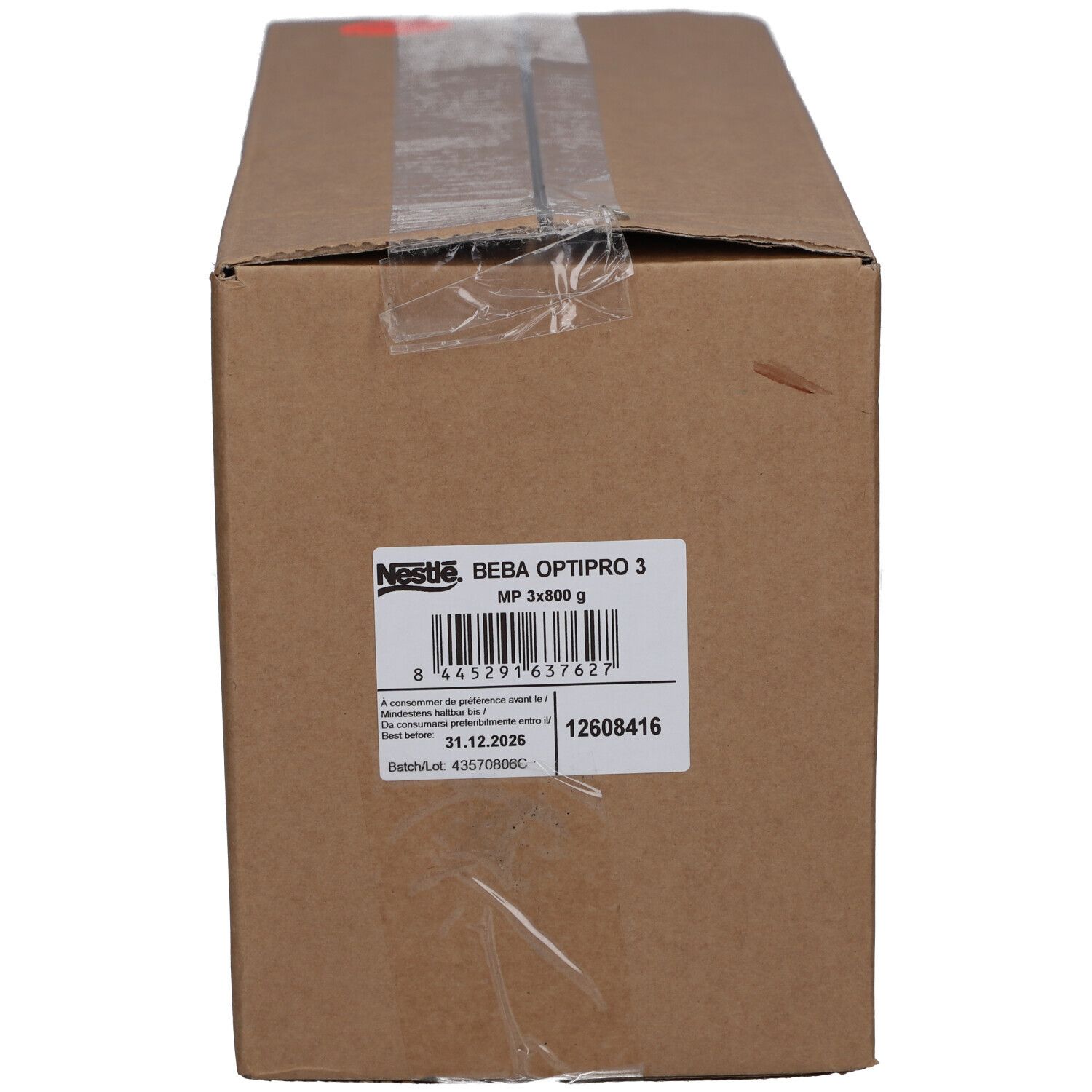 Carton avec étiquette produit. Inscription: BEBA Optipro 3, MP 3x800 g. Comprend code-barres, date de péremption et numéro de lot.