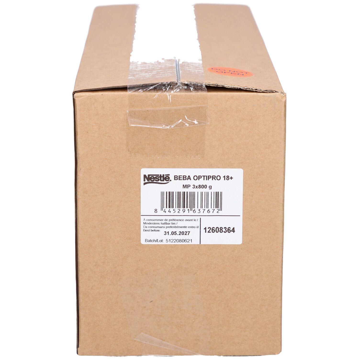 Kartonverpackung mit Aufdruck. Aufschrift: Nestle BEBA Optipro 18+. Barcode und weitere Informationen. Braune Verpackung.