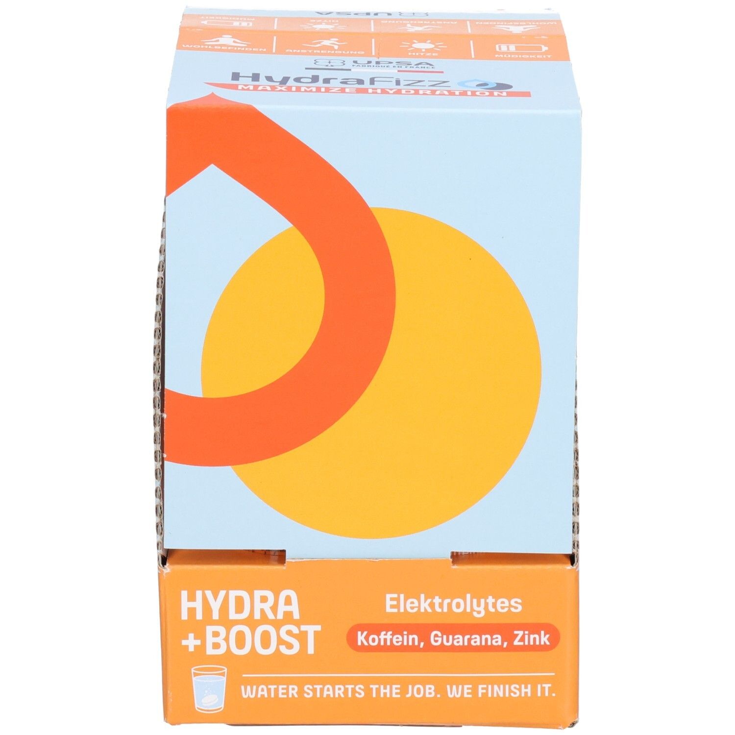 Verpackung von UPSA HydraFizz Hydra + Sport Brausetabletten, Orange, mit Elektrolyten.