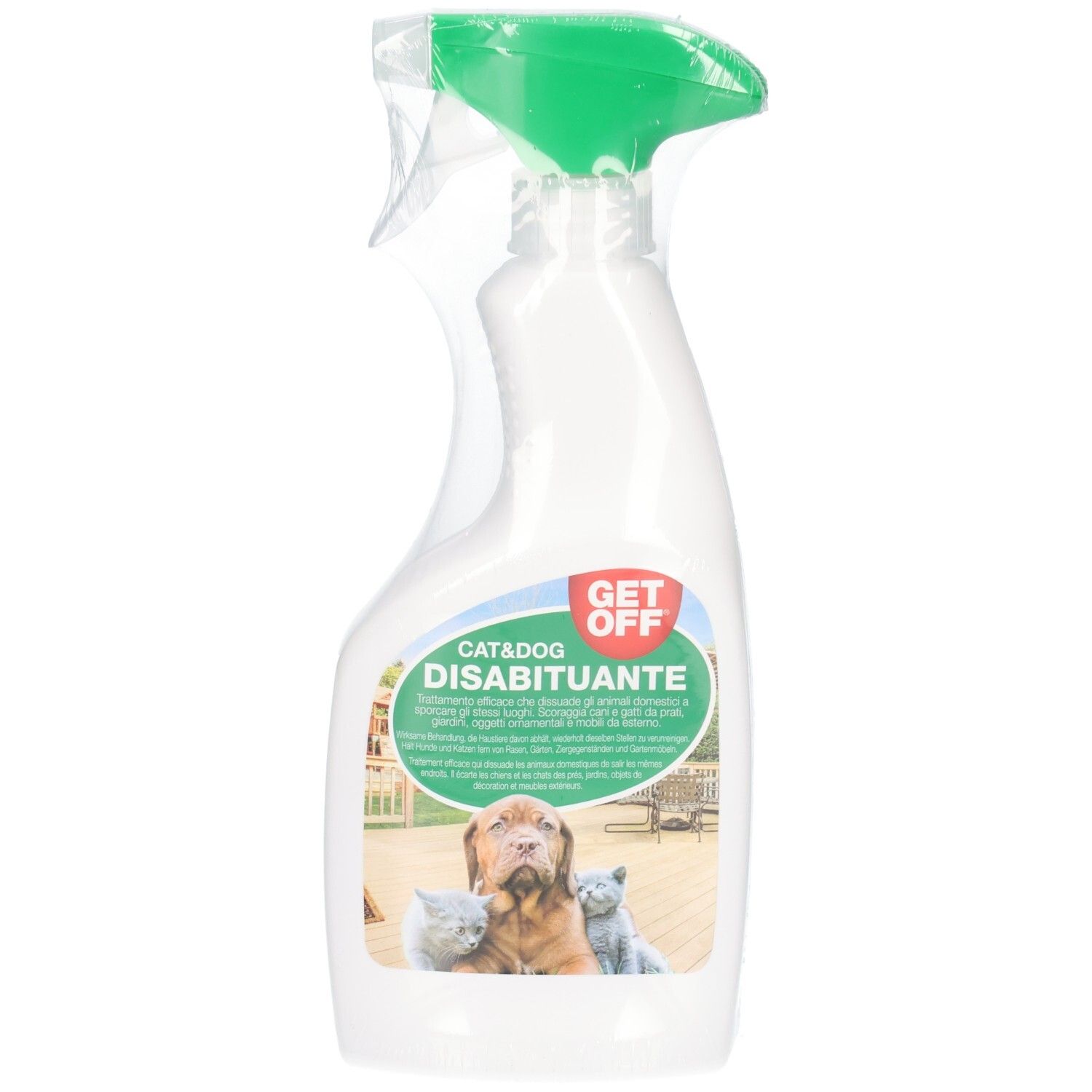 Sprühflasche mit grünem Sprühkopf, Etikett mit Hund und Katzen.
