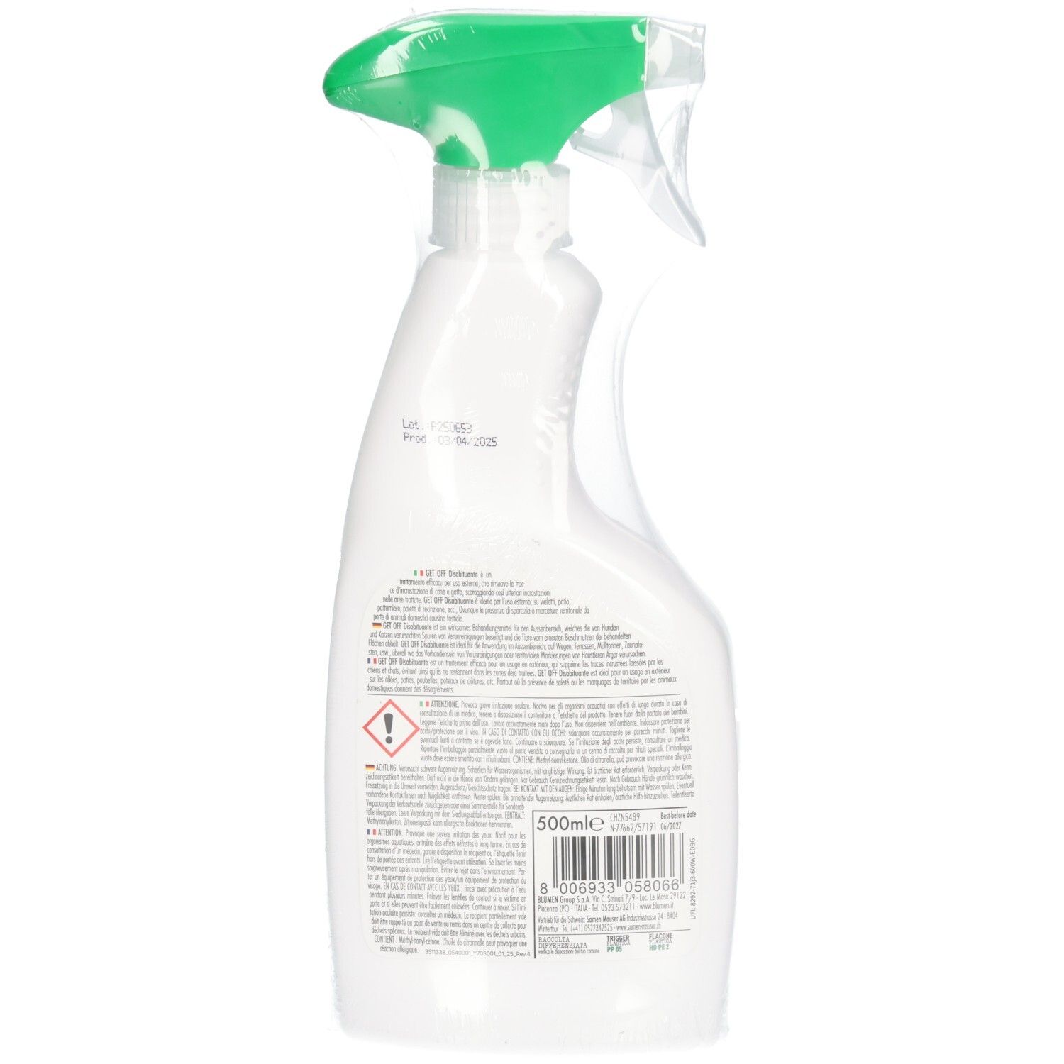 Rückseite einer Sprühflasche mit Etikett, Warnsymbol und 500ml Angabe.