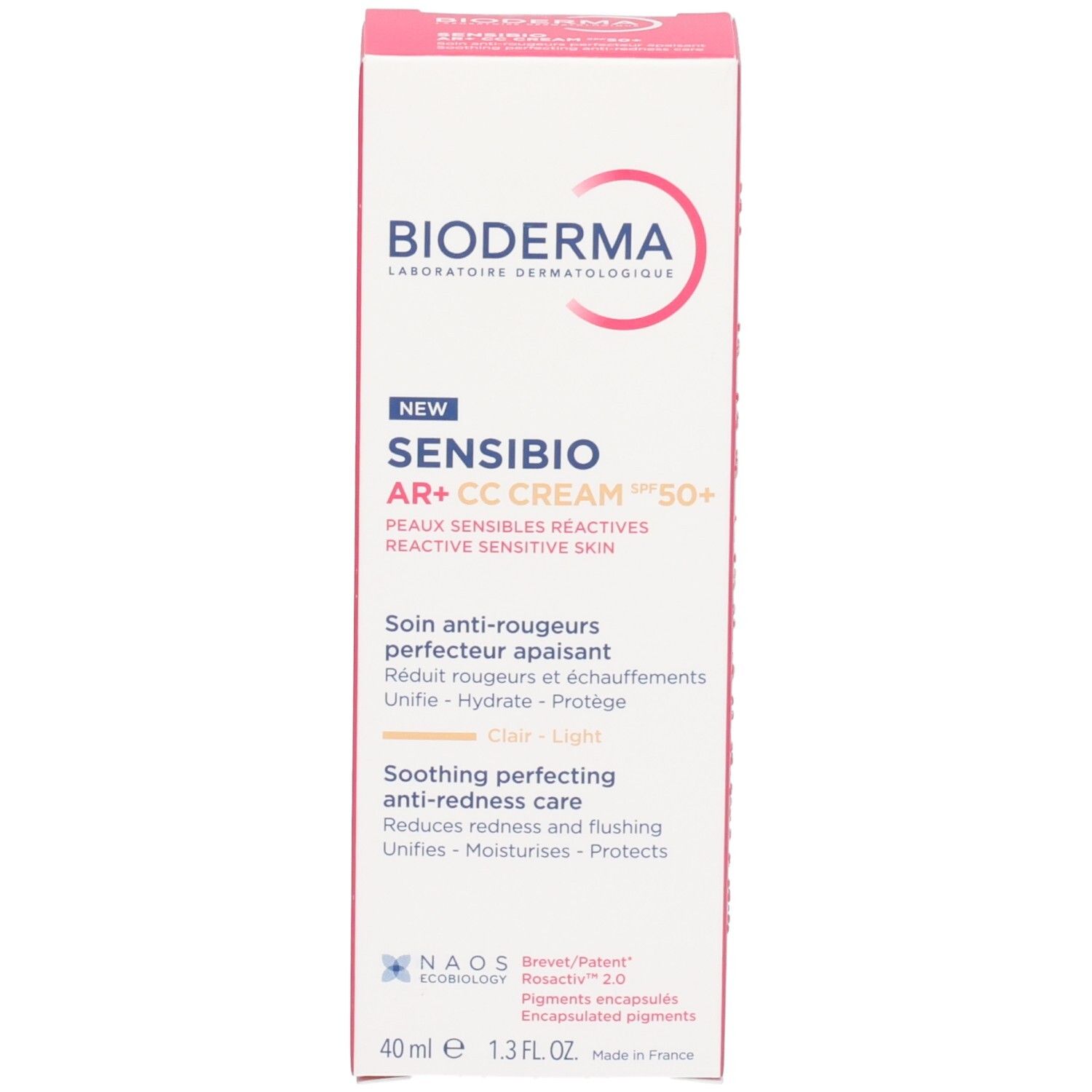 Vorderseite der Bioderma Sensibio AR+ CC Creme LSF 50+ Clair Umverpackung.
