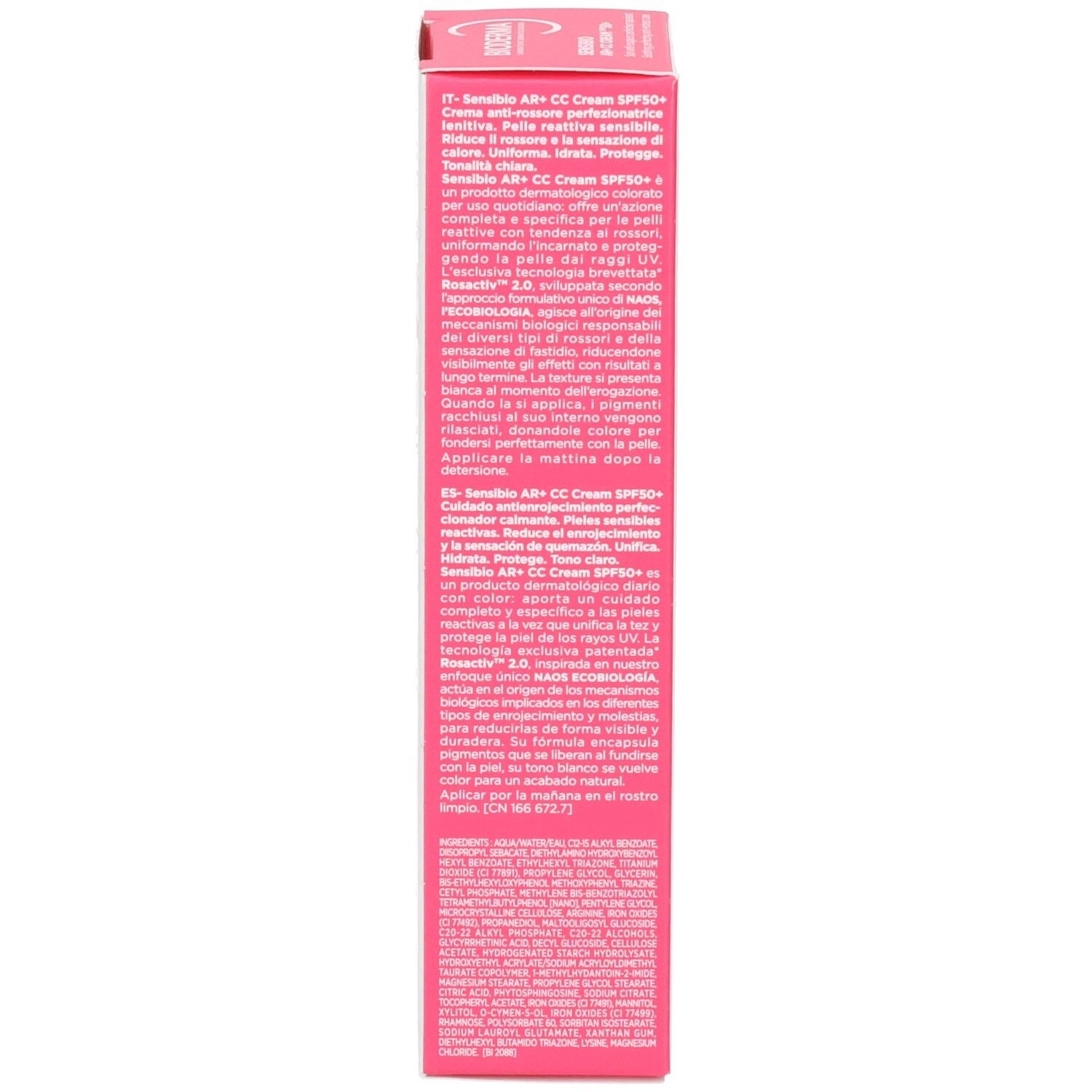 Seitenansicht der Bioderma Sensibio AR+ CC Creme LSF 50+ Clair Umverpackung mit Text.