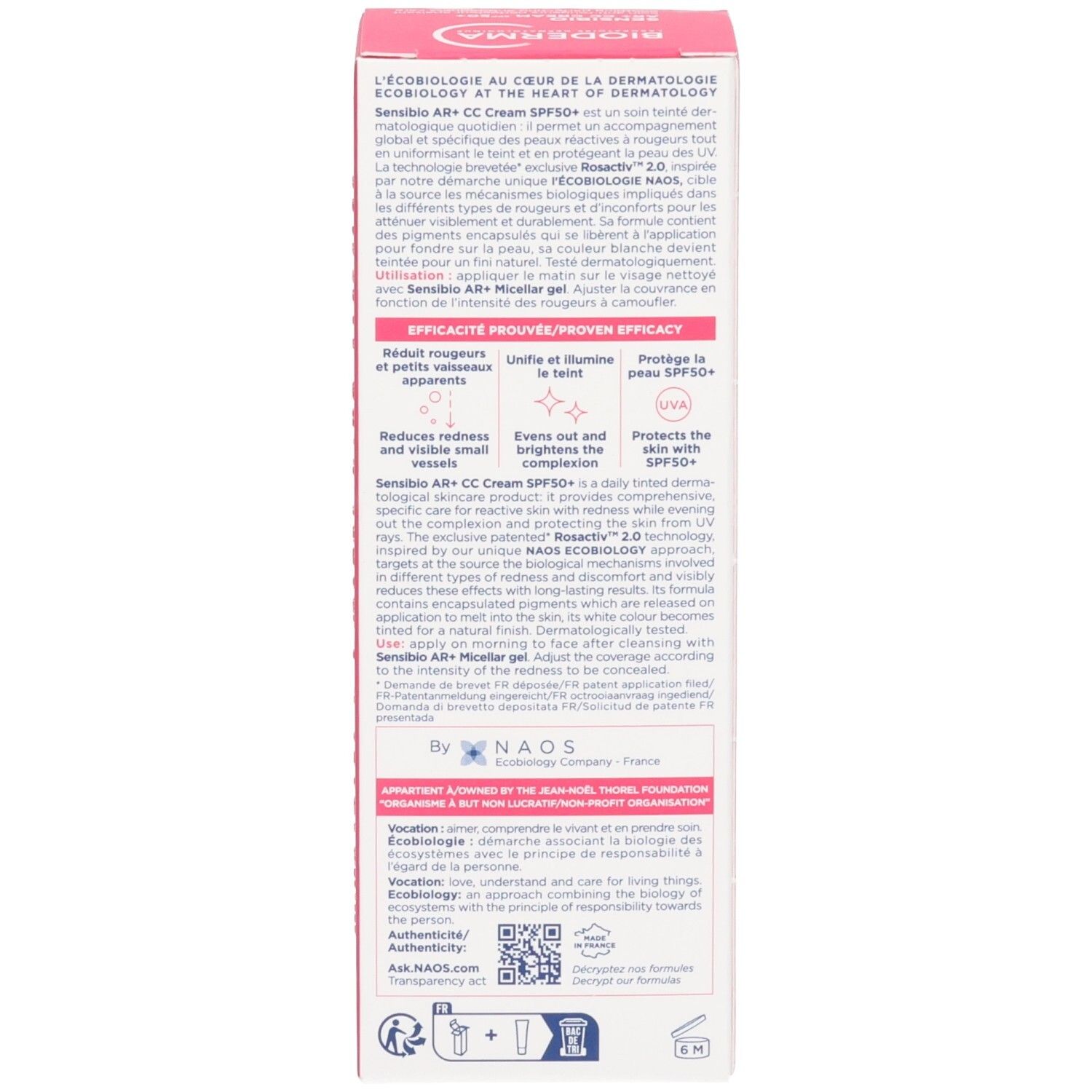 Seitenansicht der Bioderma Sensibio AR+ CC Creme LSF 50+ Clair Umverpackung mit Text.