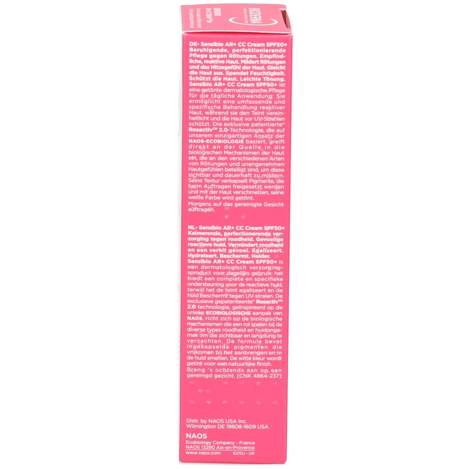 Seitenansicht der Bioderma Sensibio AR+ CC Creme LSF 50+ Clair Umverpackung mit Text.