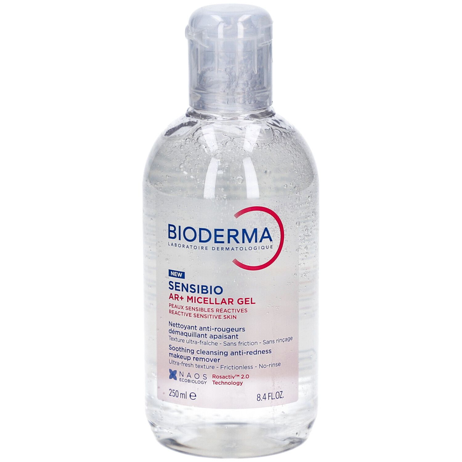 Klare Flasche mit BIODERMA Sensibio AR+ Micellar Gel. Roter Kreis mit Logo. Text: beruhigendes Reinigungsmittel gegen Rötungen.