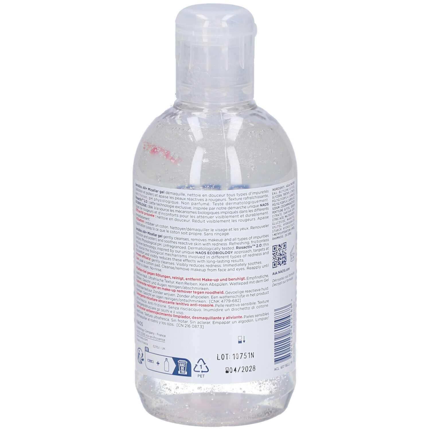 Rückseite der Flasche BIODERMA Sensibio AR+ Micellar Gel. Text und Symbole auf weißem Hintergrund. Transparente Flüssigkeit sichtbar.