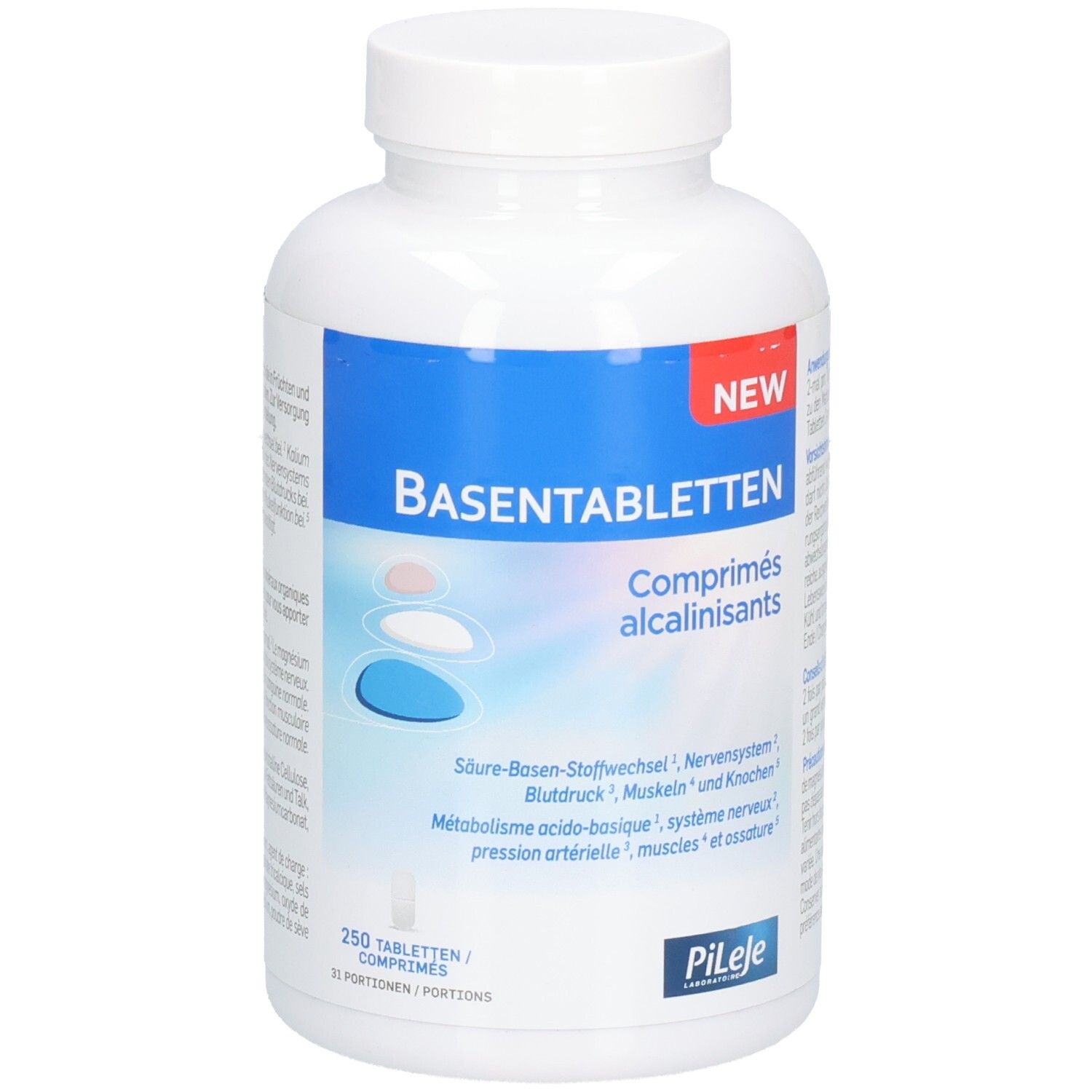 Flacon blanc avec inscription bleue BASENTABLETTEN. Contient 250 comprimés. Marque Pileje.