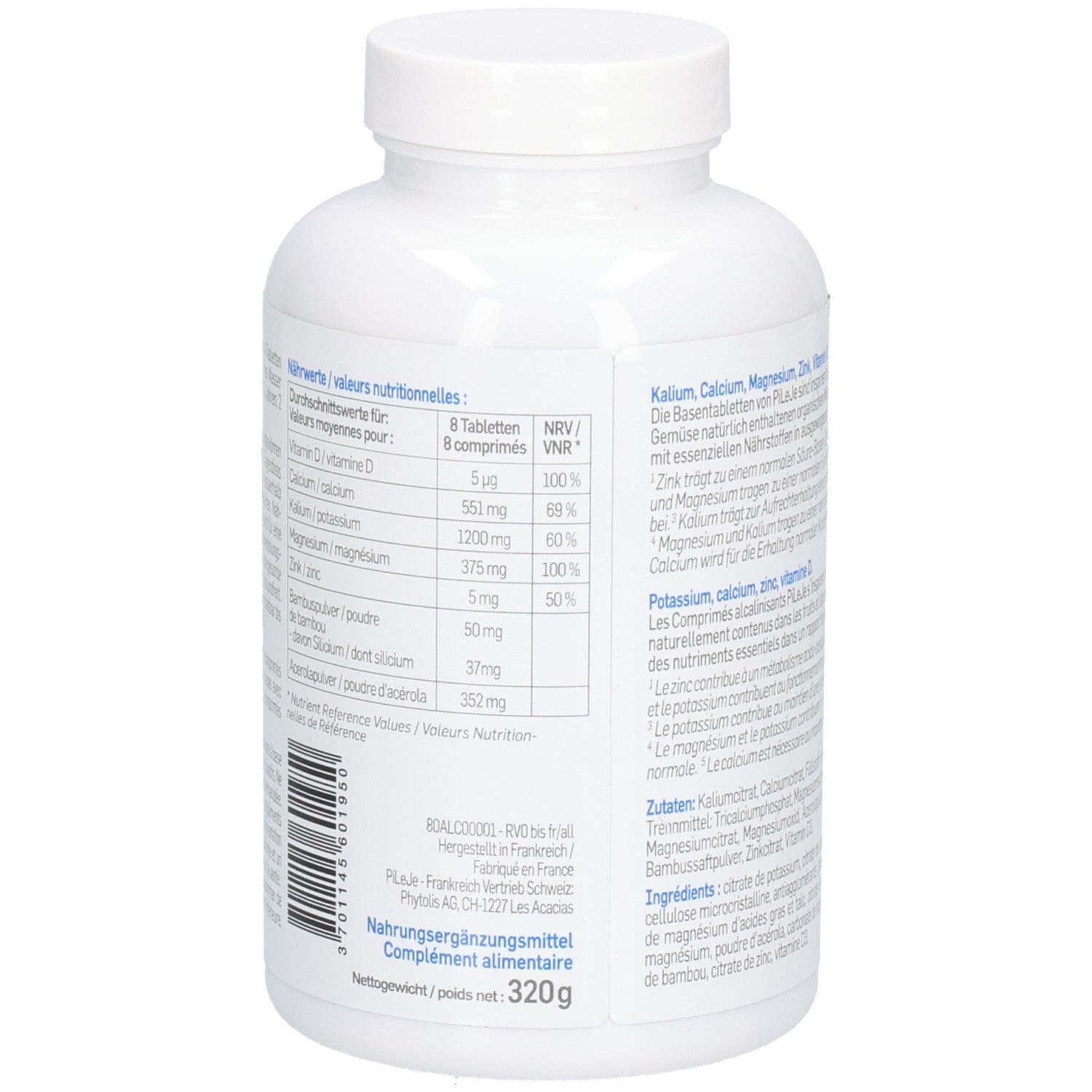 Dos du flacon blanc avec informations nutritionnelles. Poids 320g. Marque Pileje.