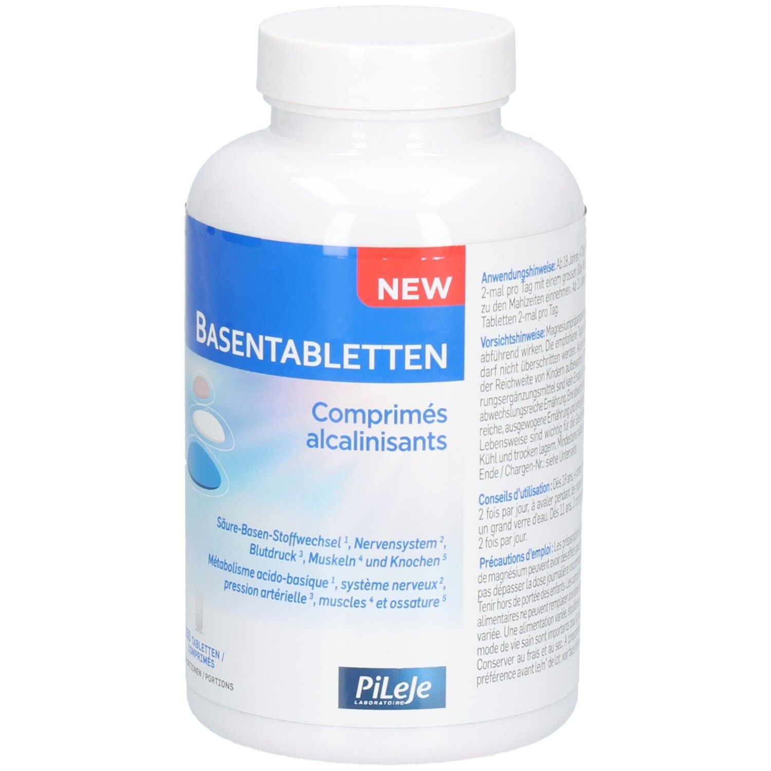 Flacon blanc avec inscription bleue BASENTABLETTEN. Contient des informations d'utilisation. Marque Pileje.