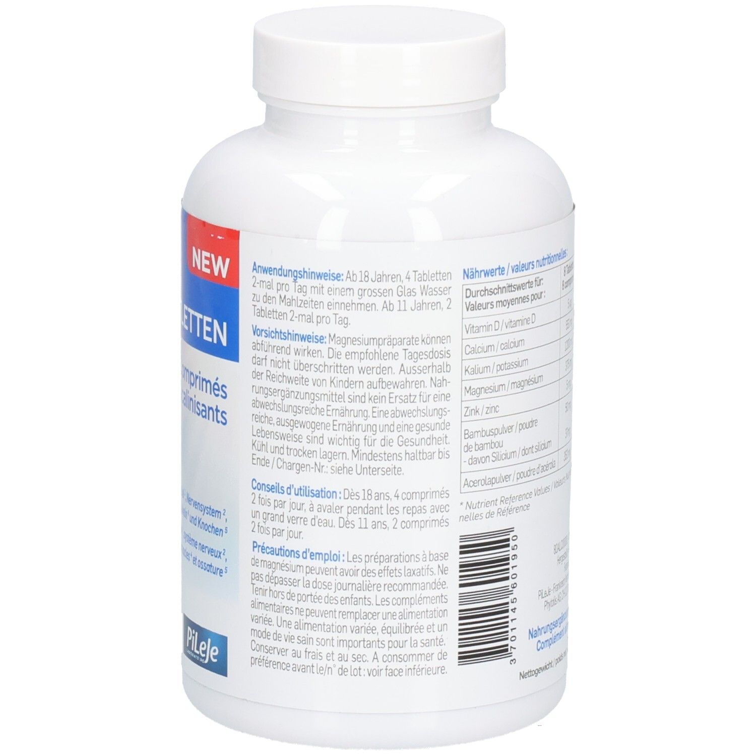 Dos du flacon blanc avec instructions d'utilisation et informations nutritionnelles. Marque Pileje.