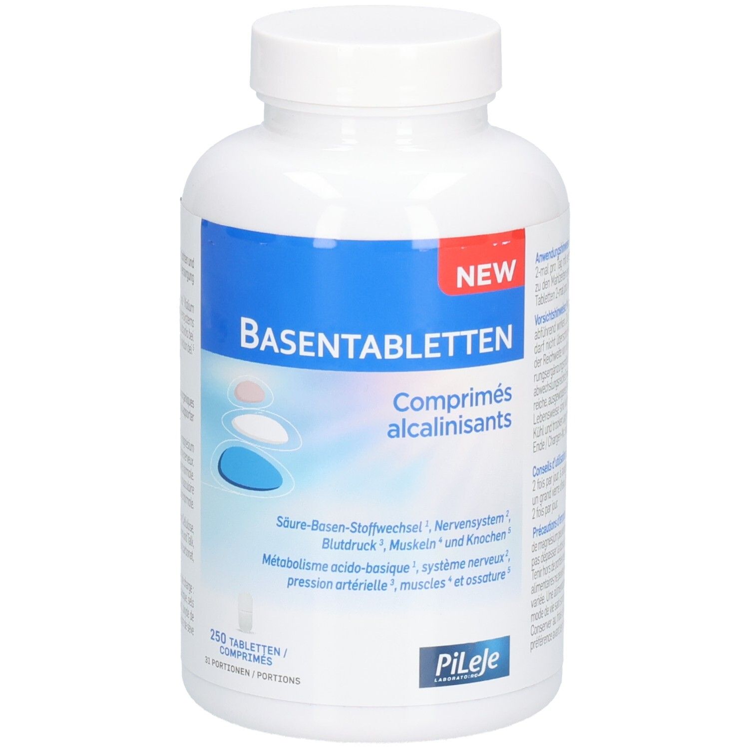 Flacon blanc avec inscription bleue BASENTABLETTEN. Contient 250 comprimés. Marque Pileje.