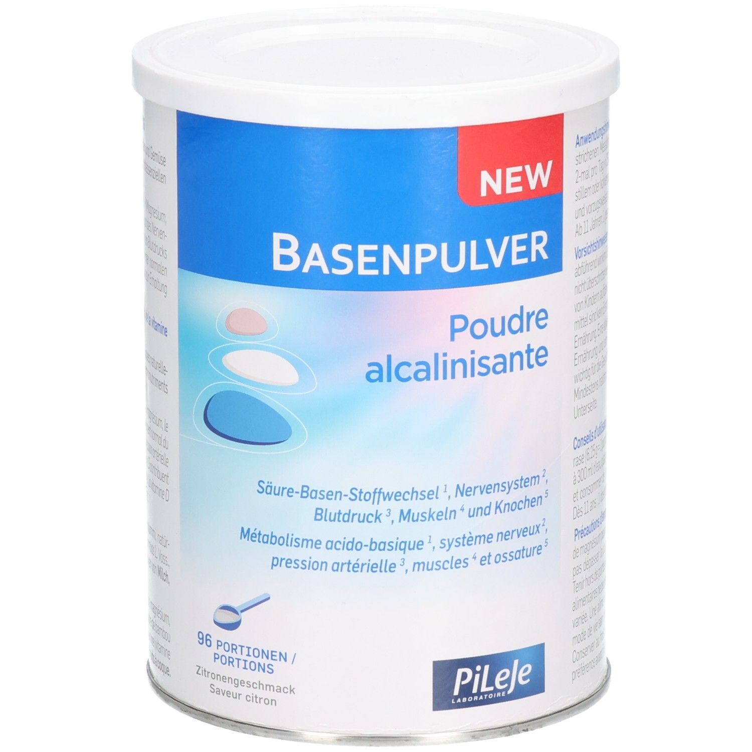Zylindrische Dose mit weißem Deckel. Aufschrift: Basenpulver, Poudre alcalinisante. Logo Pileje. 96 Portionen. Zitronengeschmack.