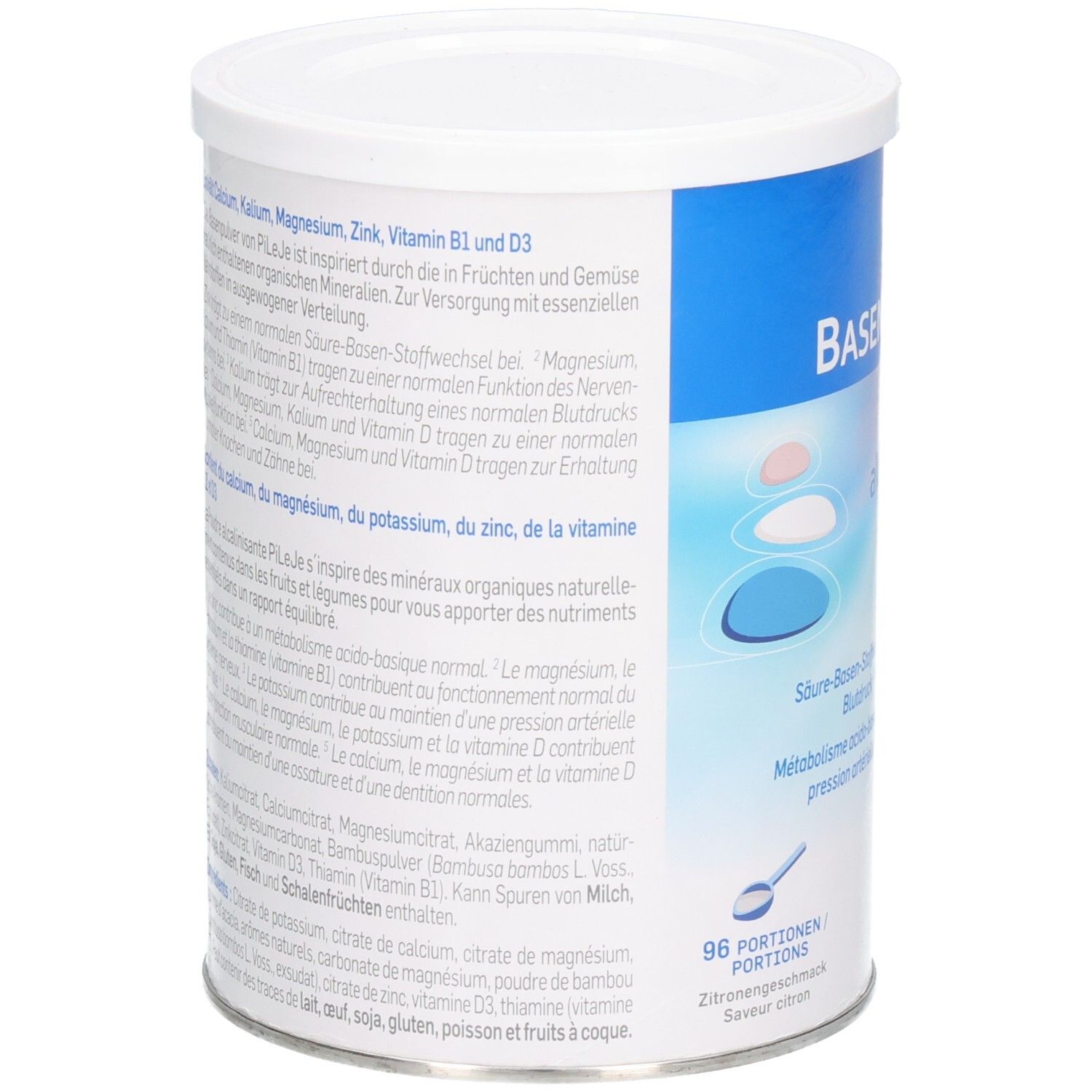 Zylindrische Dose, weißer Deckel. Text: Basenpulver. Aufschrift in Deutsch und Französisch. Logo Pileje. 96 Portionen. Zitronengeschmack.