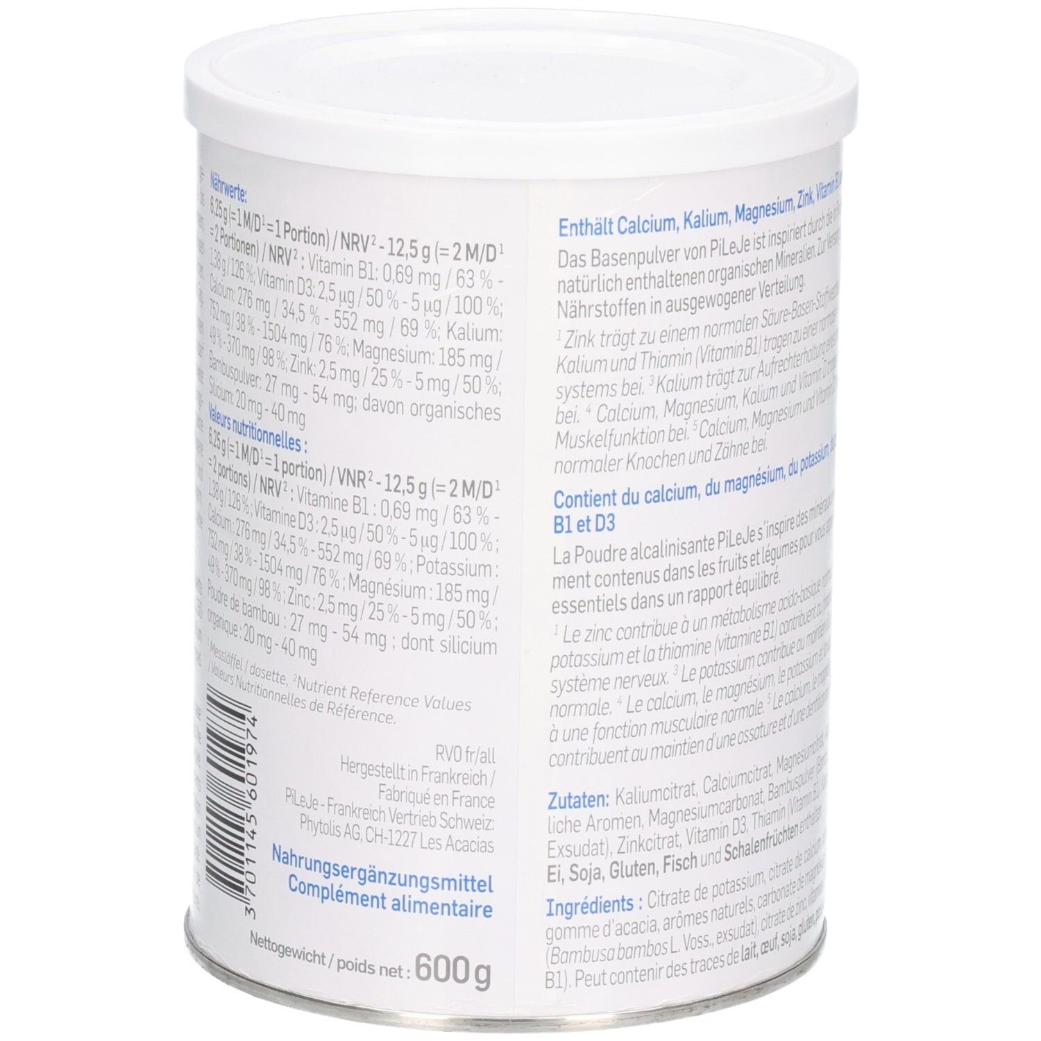 Zylindrische Dose, weißer Deckel. Text und Nährwertangaben. Aufschrift: 600g. Logo Pileje. Hergestellt in Frankreich.