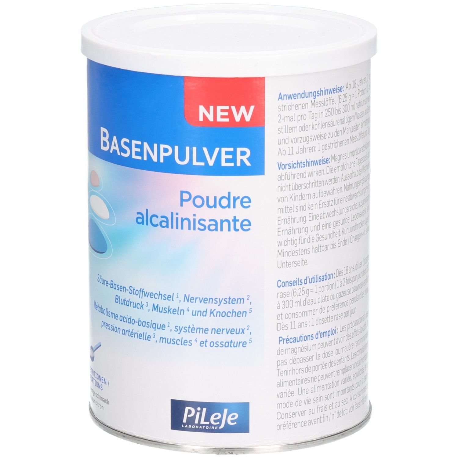 Zylindrische Dose mit weißem Deckel. Aufschrift: Basenpulver, Poudre alcalinisante. Logo Pileje. Text in Deutsch und Französisch.