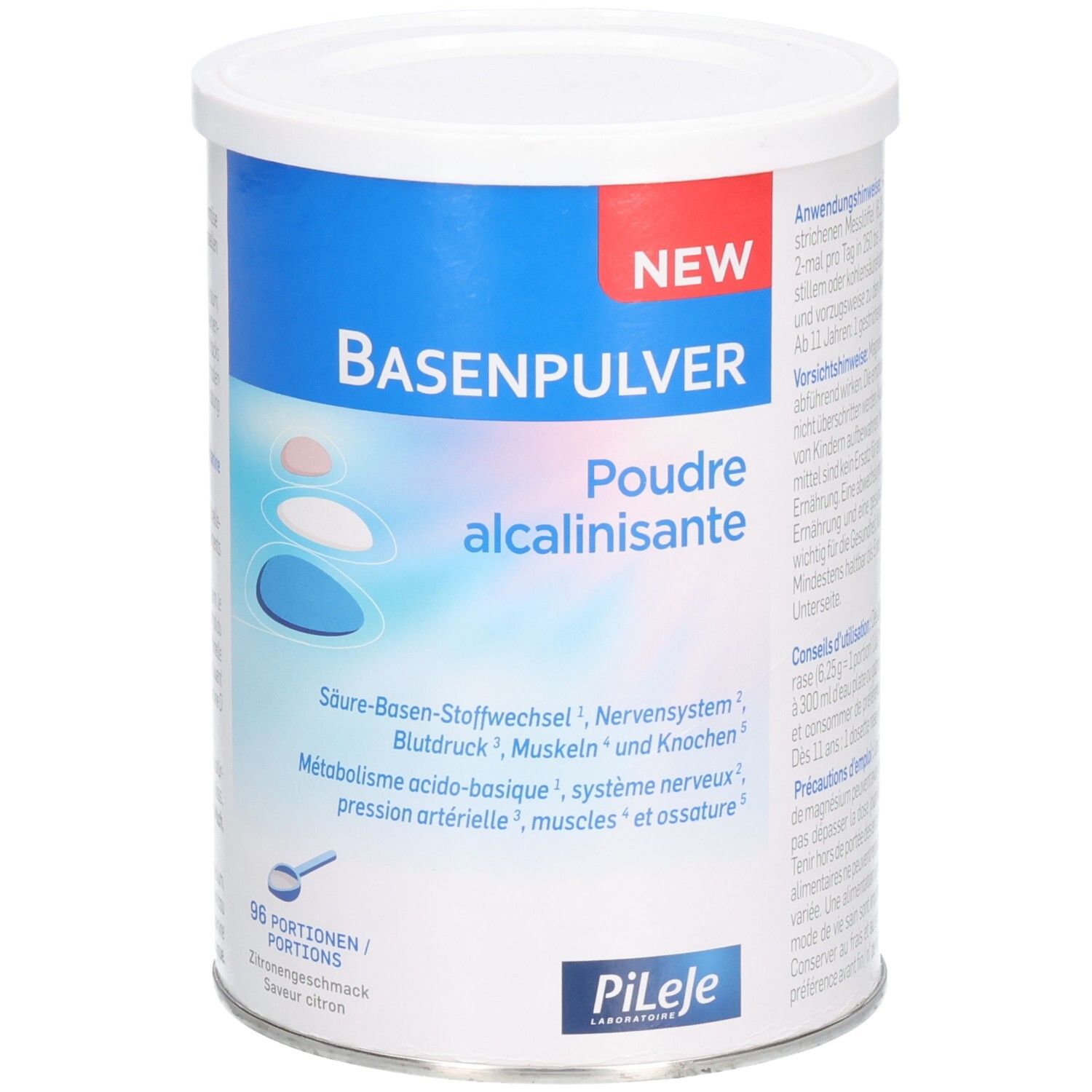 Zylindrische Dose mit weißem Deckel. Aufschrift: Basenpulver, Poudre alcalinisante. Logo Pileje. 96 Portionen. Zitronengeschmack.