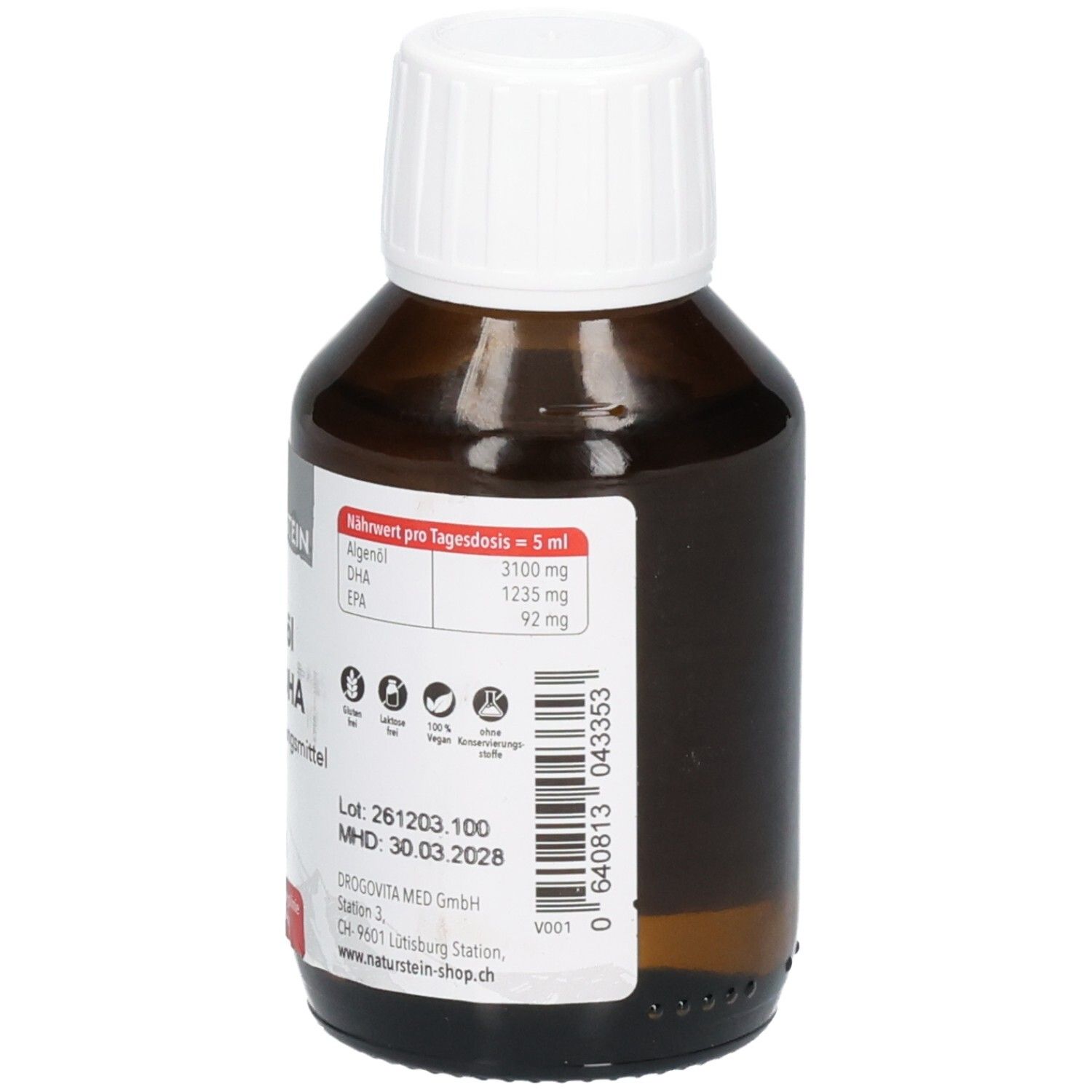 Rückseite einer braunen Glasflasche mit Etikett, das Nährwertangaben pro Tagesdosis und Barcode zeigt.