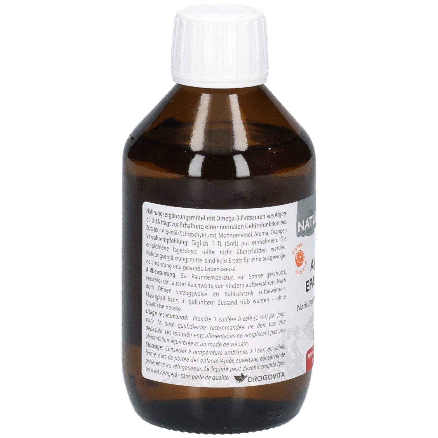 Rückseite der bernsteinfarbenen Glasflasche. Etikett mit detaillierten Anwendungshinweisen und Produktinformationen.