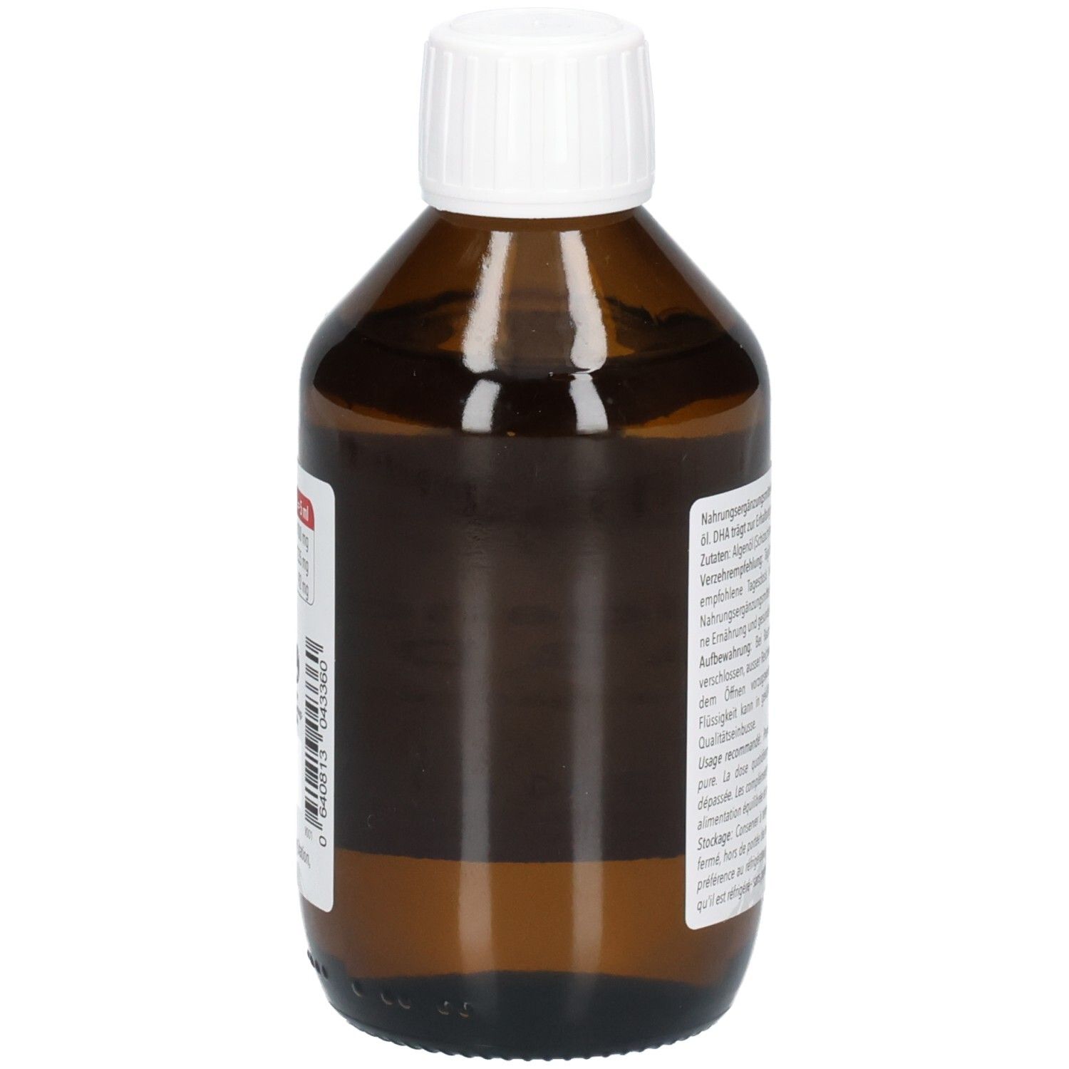 Seitenansicht der bernsteinfarbenen Glasflasche mit weißem Schraubverschluss. Produktetikett ist teilweise sichtbar.