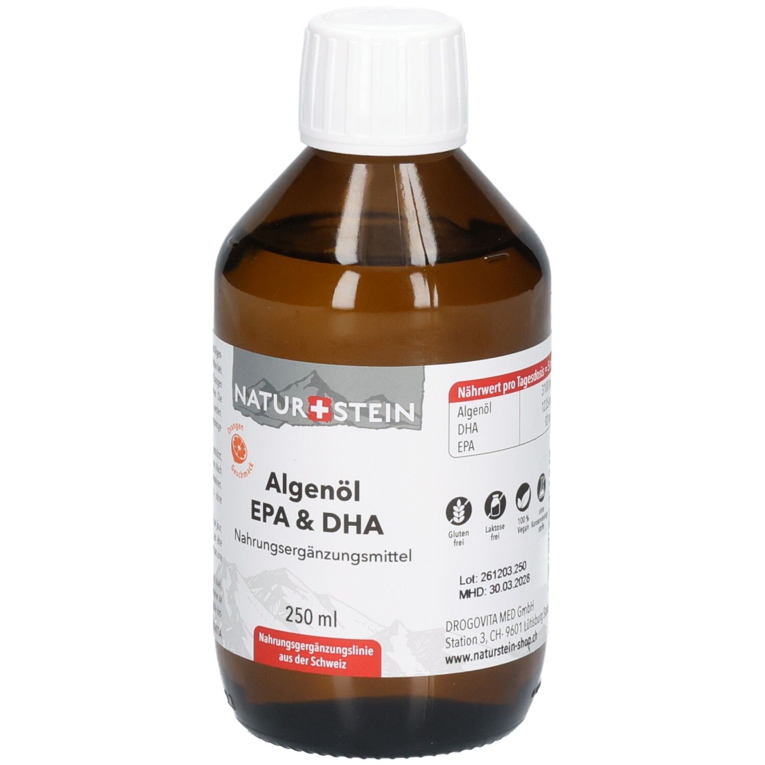 Vorderseite der bernsteinfarbenen Glasflasche. Etikett zeigt "NATUR+STEIN Algenöl EPA & DHA" und "250 ml".