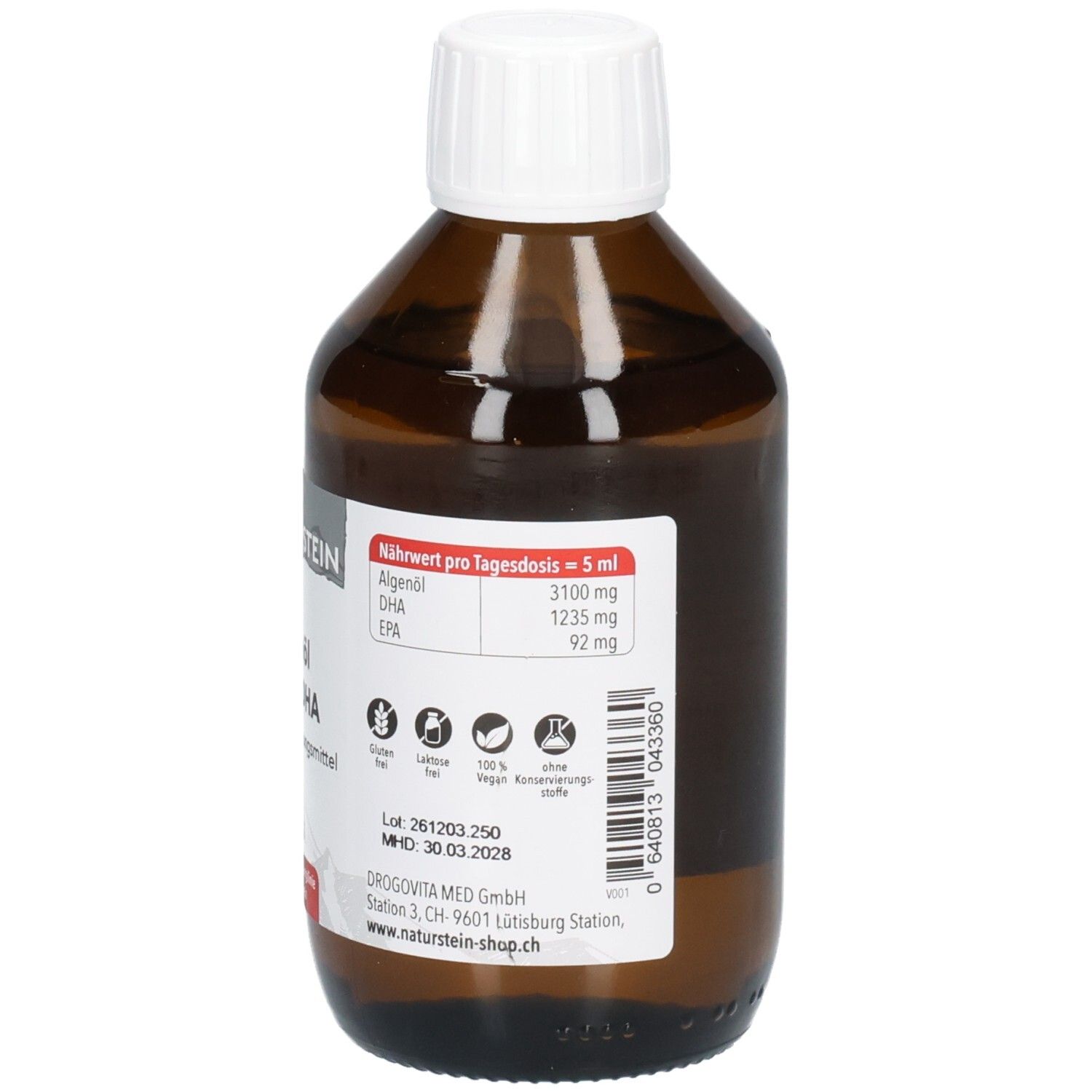 Rückseite der bernsteinfarbenen Glasflasche. Etikett mit Nährwertangaben pro Tagesdosis und Siegeln.