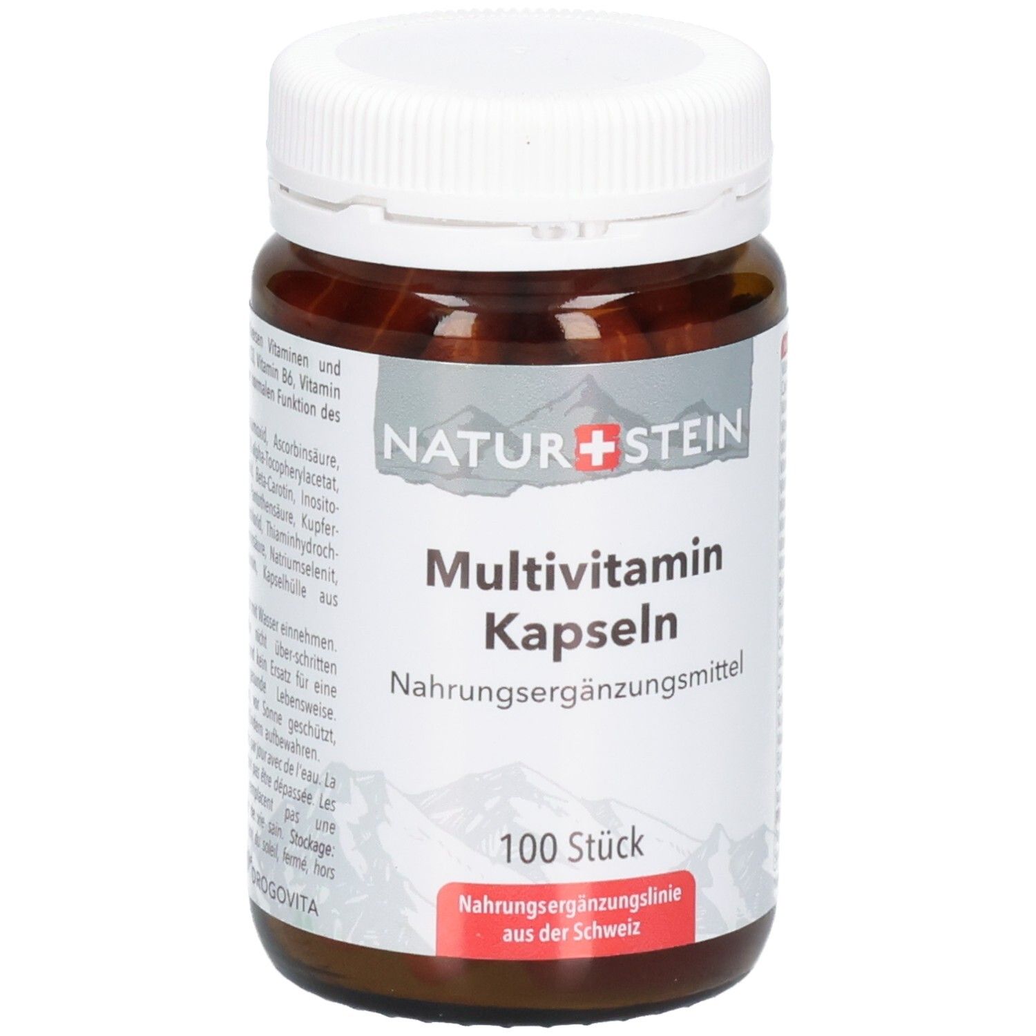 Braune Glasflasche mit weißem Schraubverschluss, gefüllt mit Multivitamin-Kapseln. Etikett mit Bergsilhouette und Produktinformationen.