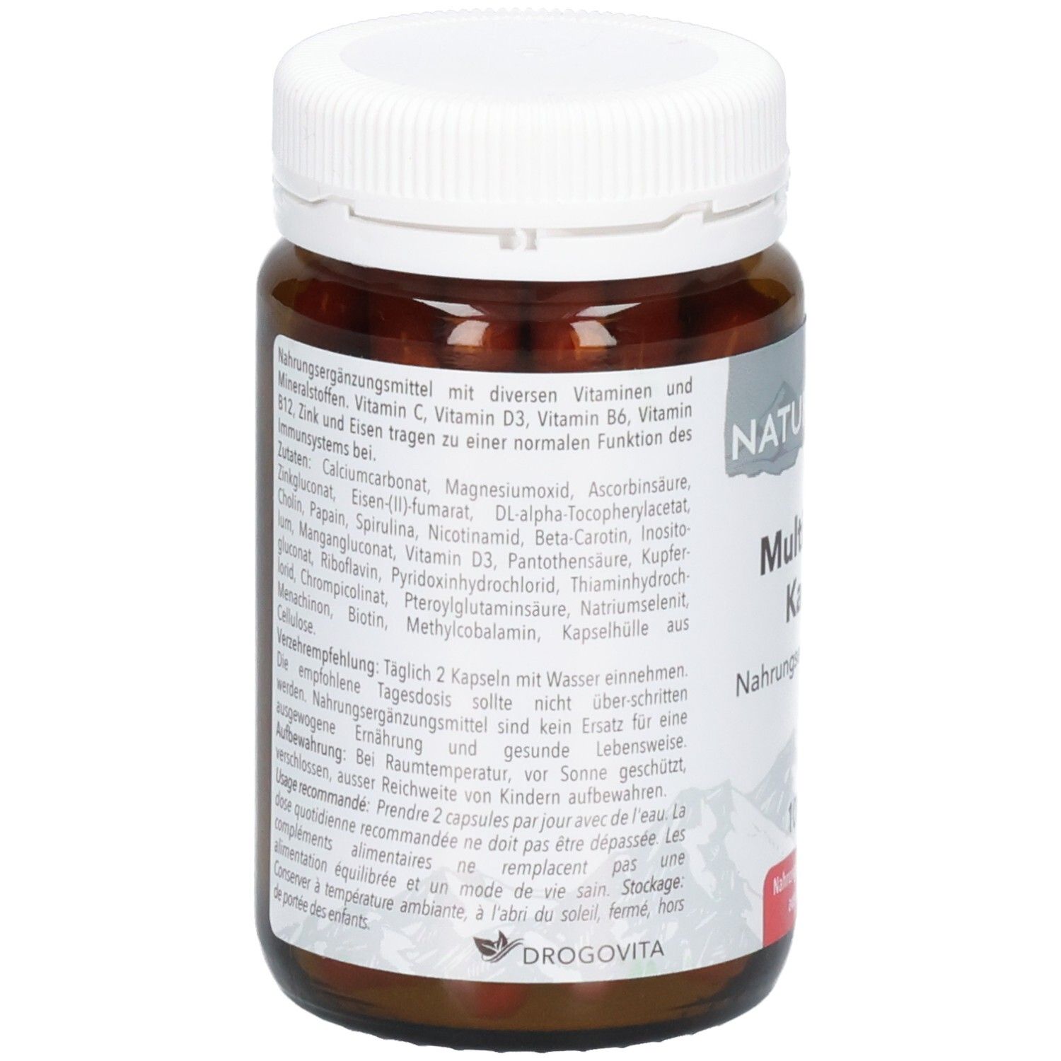 Rückseite einer braunen Glasflasche mit Multivitamin-Kapseln. Etikett mit detaillierten Inhaltsstoffen und Anwendungshinweisen.
