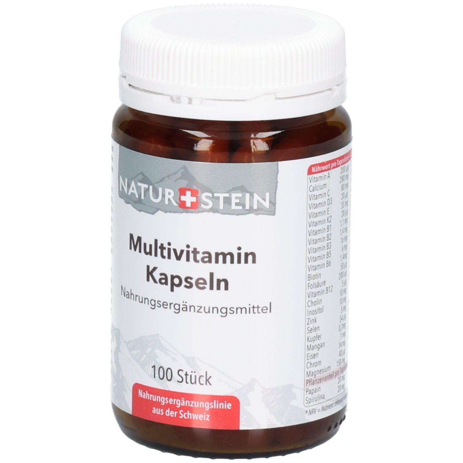 Vorderseite einer braunen Glasflasche mit Multivitamin-Kapseln. Etikett mit Produktname, Menge und Herkunftshinweis.