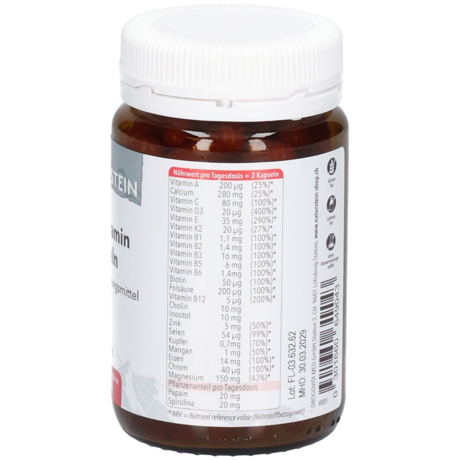 Rückseite einer braunen Glasflasche mit Multivitamin-Kapseln. Etikett mit Nährwertangaben pro Tagesdosis und Zutatenliste.