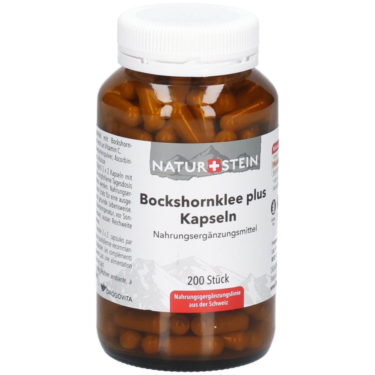 Braunglasflasche mit 200 Kapseln Bockshornklee plus, Marke NATUR+STEIN.