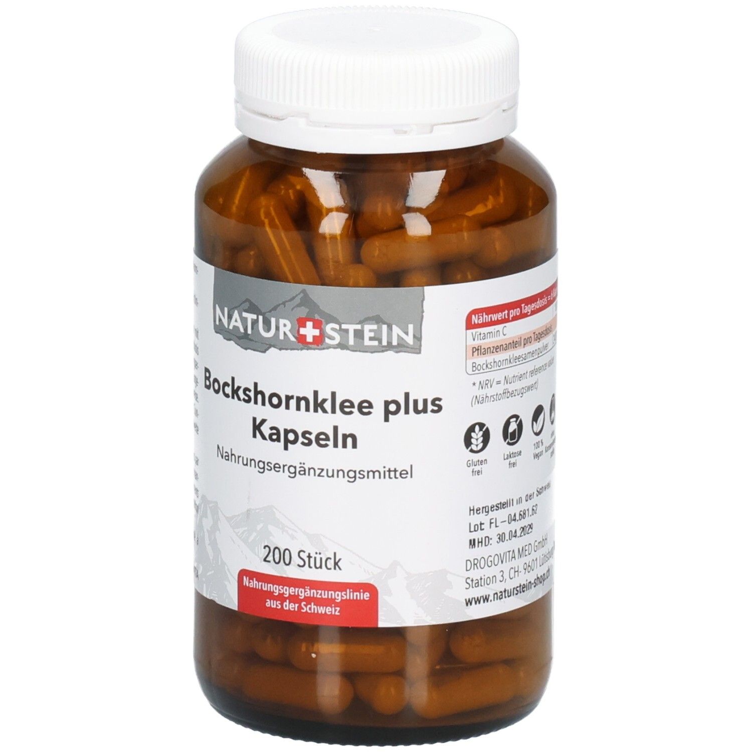 Vorderseite einer Braunglasflasche mit 200 Kapseln Bockshornklee plus, Marke NATUR+STEIN, mit Siegeln.
