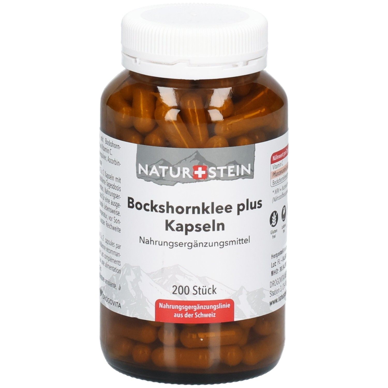 Braunglasflasche mit 200 Kapseln Bockshornklee plus, Marke NATUR+STEIN, mit Bergmotiv auf dem Etikett.