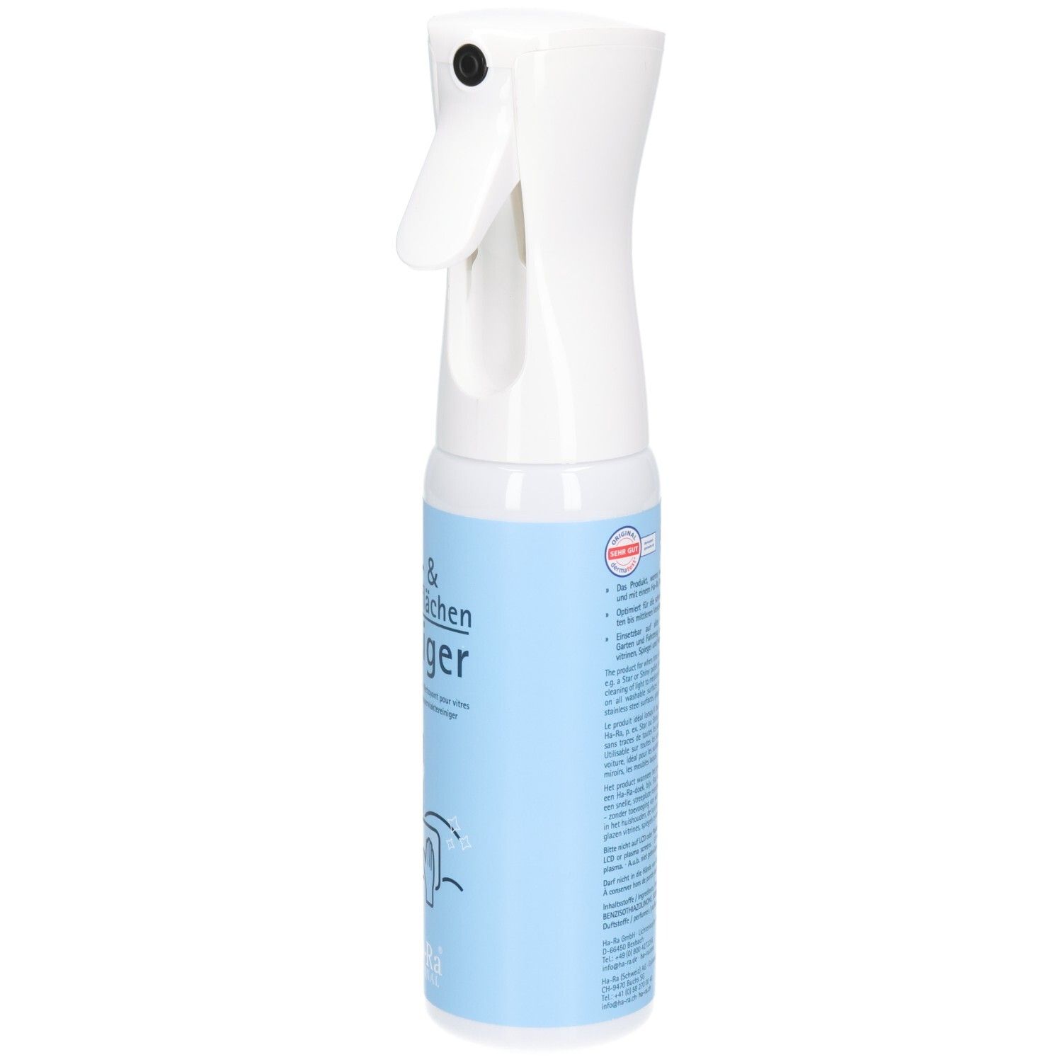 Flacon pulvérisateur blanc avec étiquette bleue. Texte sur l'étiquette. Vue latérale.