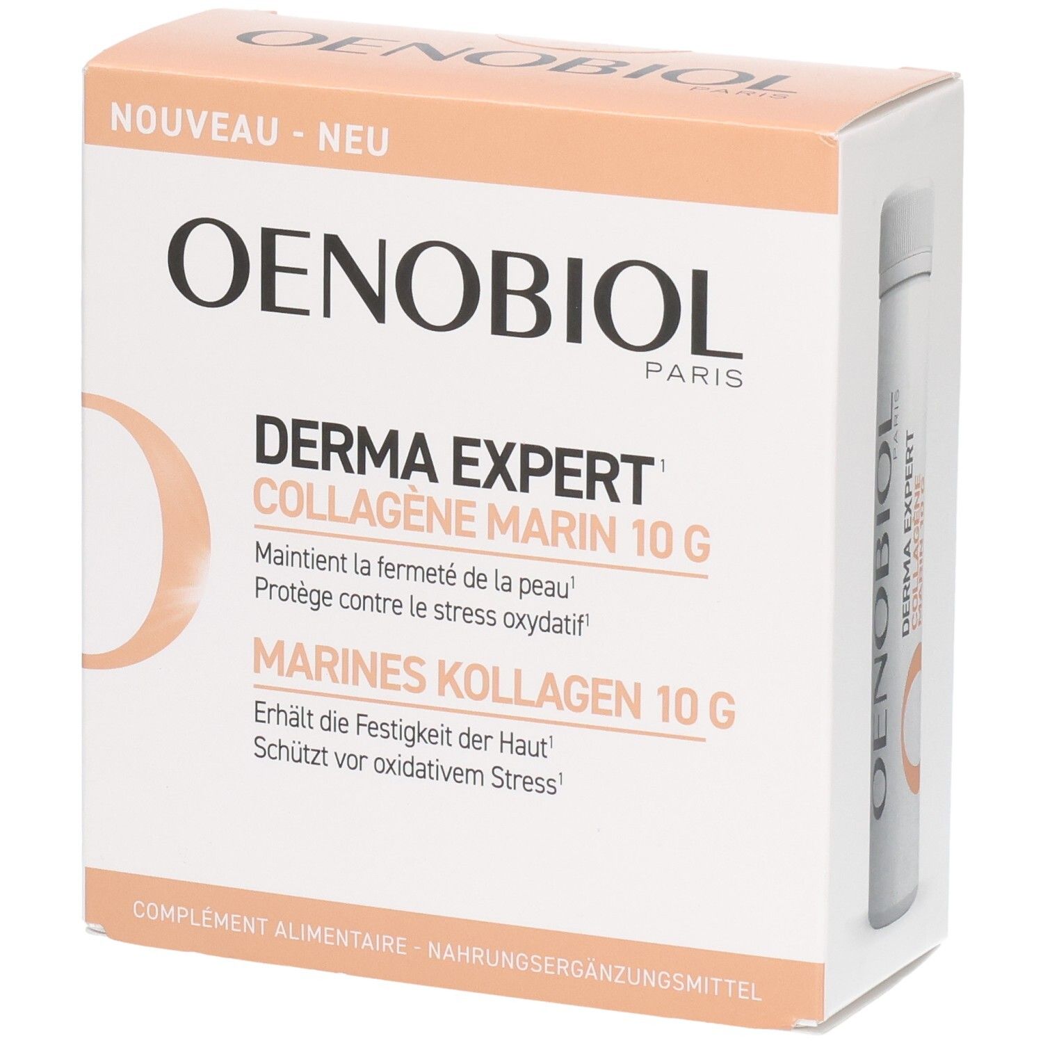 OENOBIOL Derma Expert Kollagen Marin 10g Packung mit einer Trinkampulle.