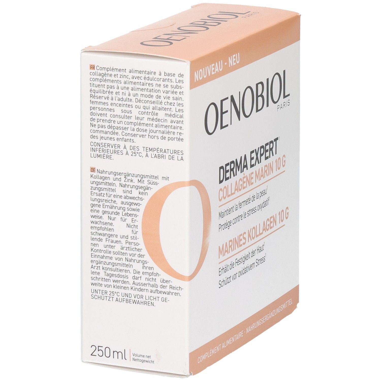 OENOBIOL Derma Expert Kollagen Marin 10g Rückseite der Packung mit Nährwertangaben.