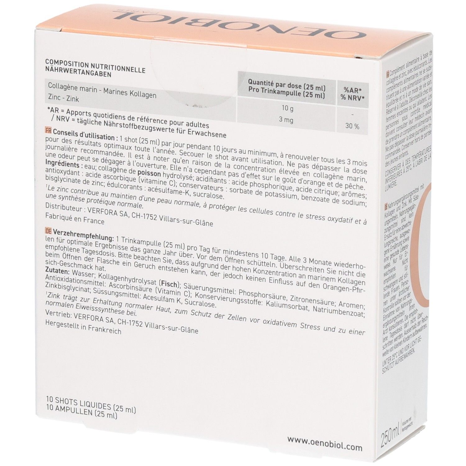 OENOBIOL Derma Expert Kollagen Marin 10g Seitenansicht der Packung mit Inhaltsstoffen.