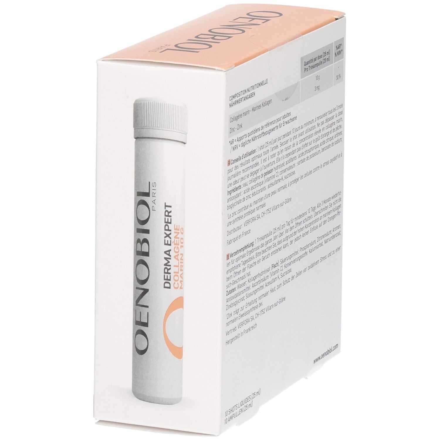 OENOBIOL Derma Expert Kollagen Marin 10g Trinkampulle in der Packung.