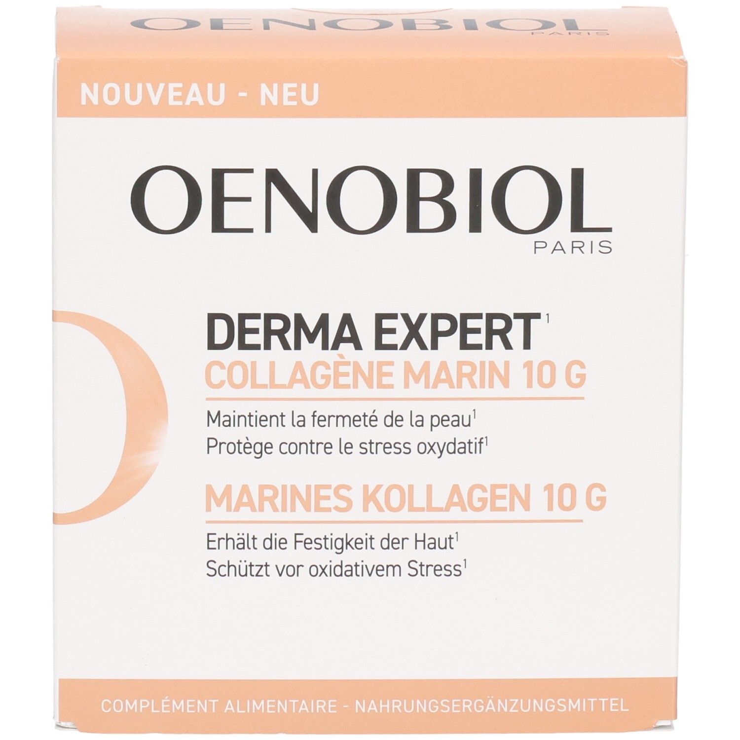 OENOBIOL Derma Expert Kollagen Marin 10g Packung mit Fokus auf Produktnamen und Inhaltsangabe.