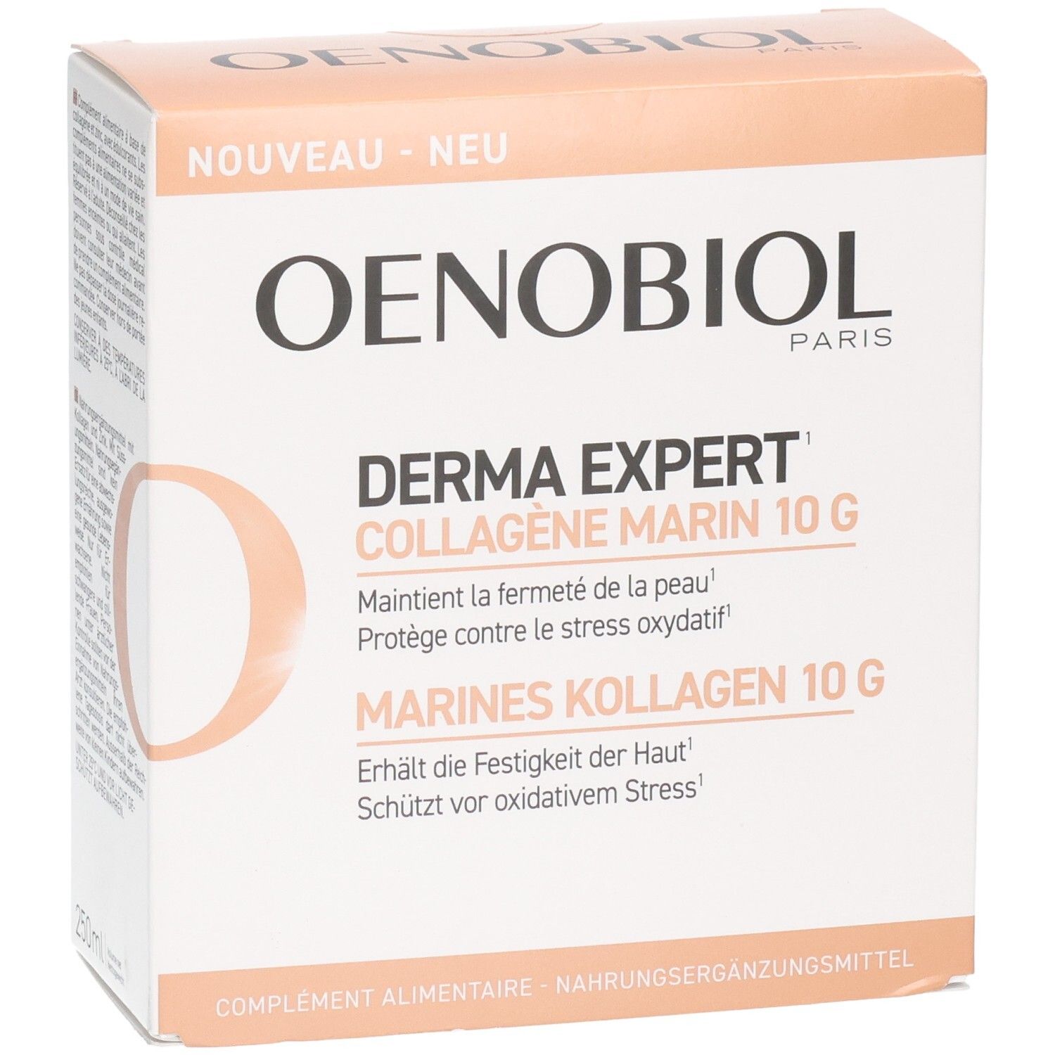 OENOBIOL Derma Expert Kollagen Marin 10g Packung mit Produktinformationen und Ampulle.