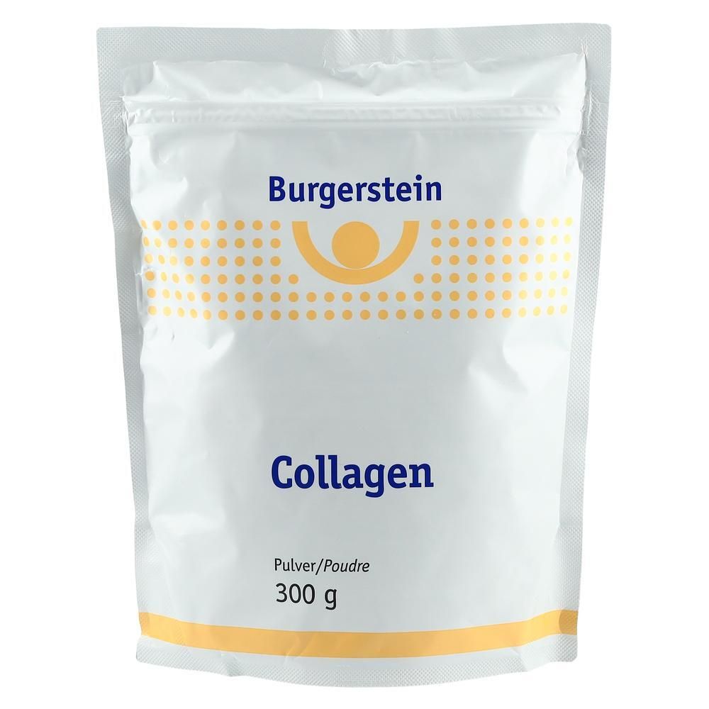 Weiße Beutel mit Reißverschluss. Aufdruck: Burgerstein, Collagen, Pulver/Poudre, 300 g.