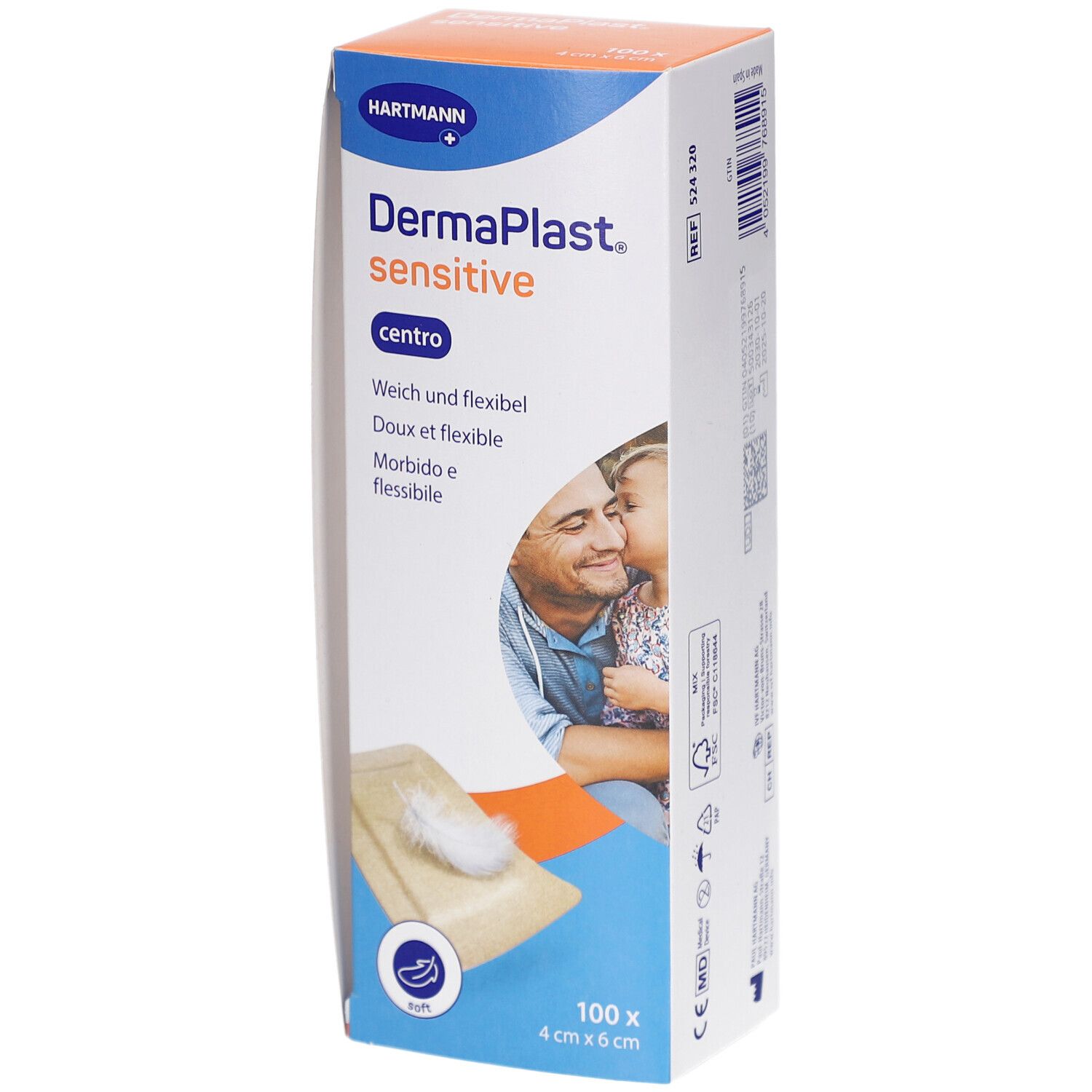Verpackung von DermaPlast Sensitive Centro Pflastern. Enthält 100 Pflaster, 4 cm x 6 cm. Weich und flexibel. Mit Abbildung von Vater und Kind.