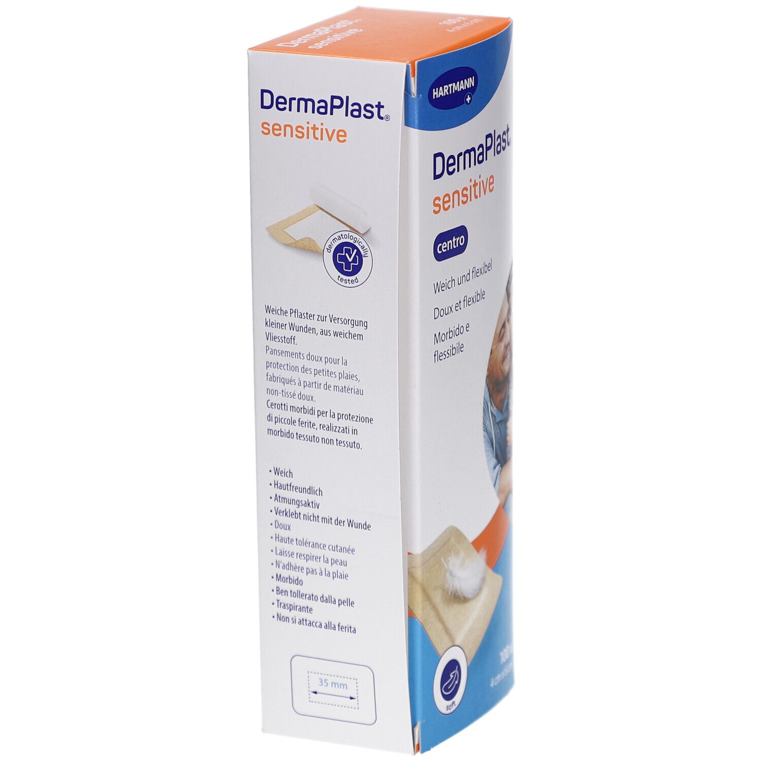 Seitenansicht der Verpackung von DermaPlast Sensitive Centro Pflastern. Text: Weich und flexibel. Abbildung eines Pflasters und eines Kindes.