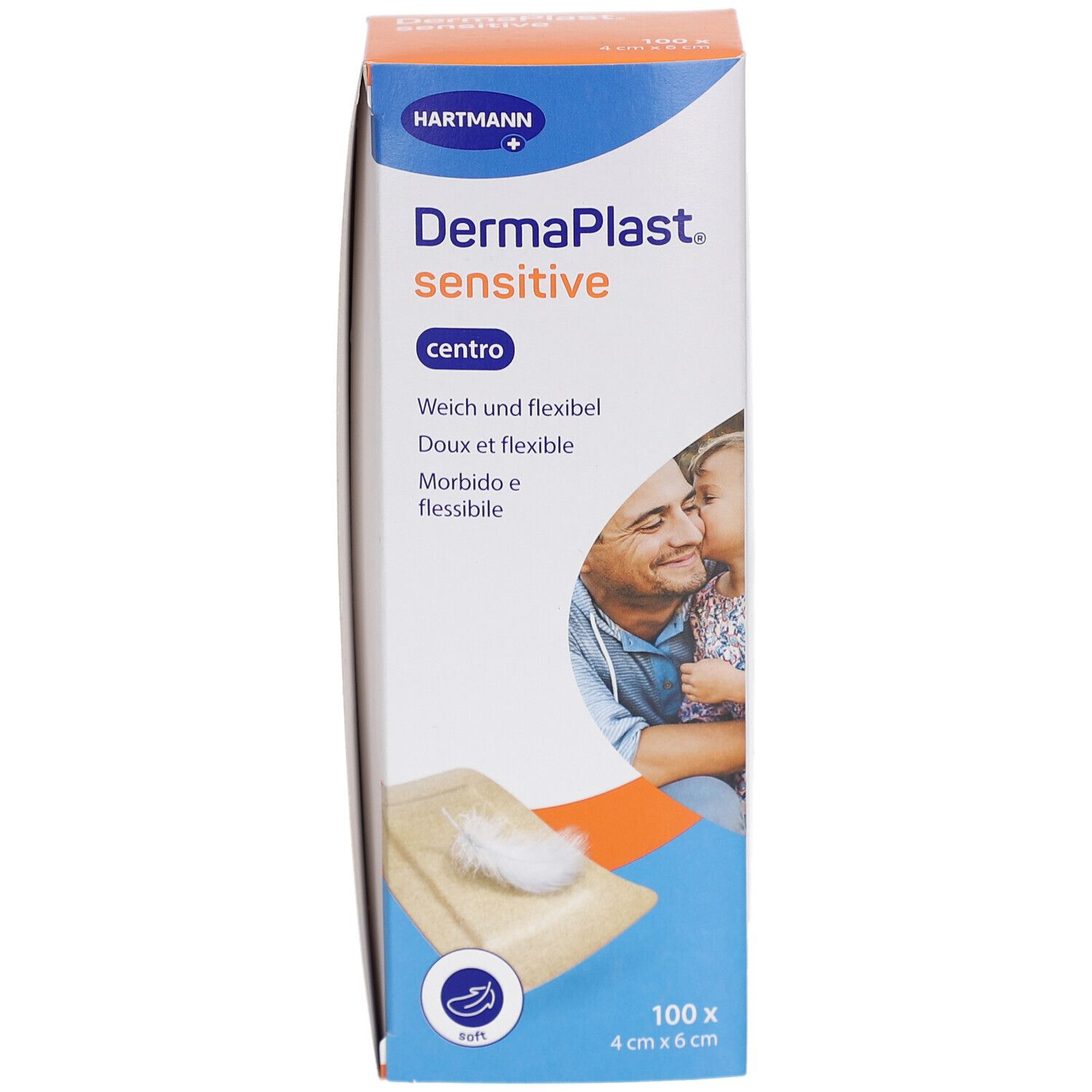 Vorderansicht der Verpackung von DermaPlast Sensitive Centro Pflastern. Enthält 100 Pflaster, 4 cm x 6 cm. Weich und flexibel. Abbildung von Vater und Kind.