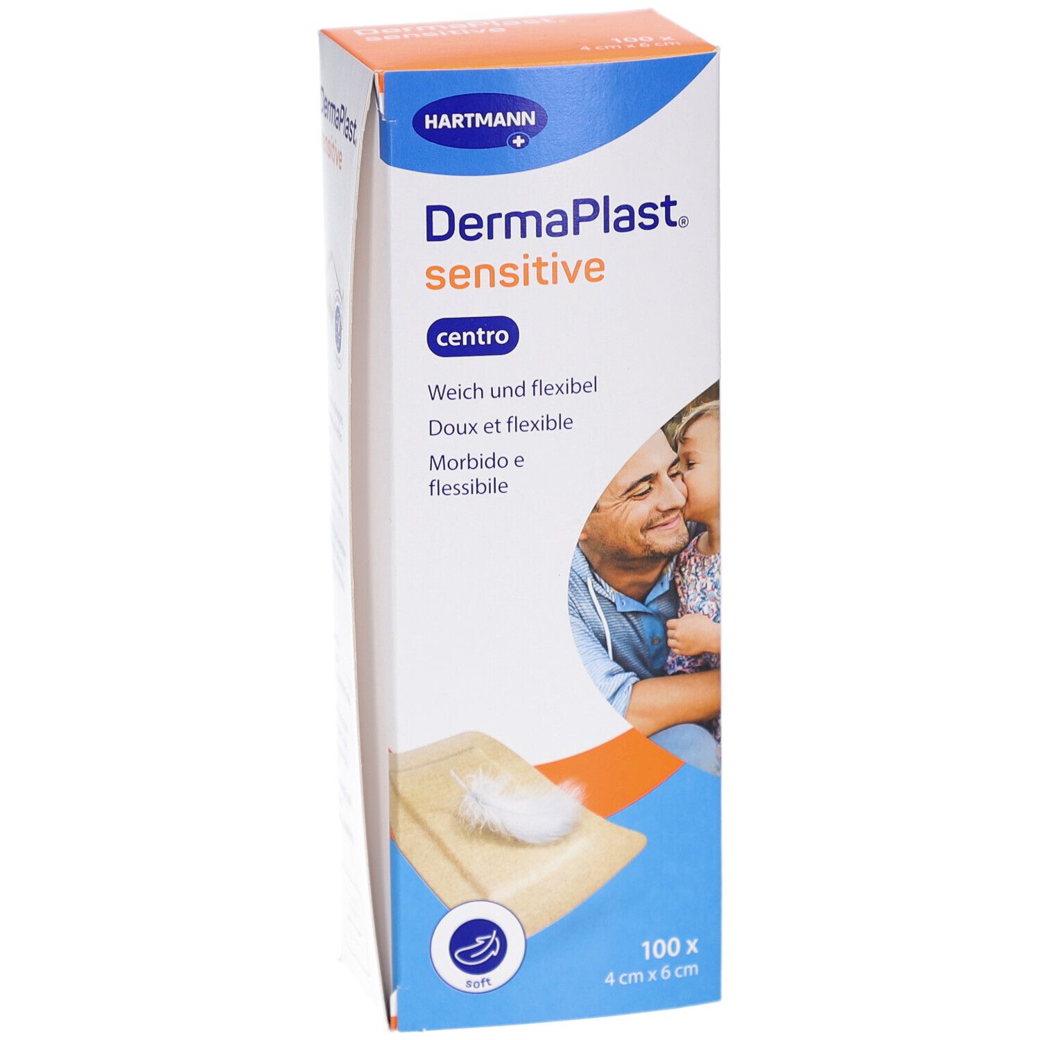 Vorderansicht der Verpackung von DermaPlast Sensitive Centro Pflastern. Enthält 100 Pflaster, 4 cm x 6 cm. Weich und flexibel. Abbildung von Vater und Kind.