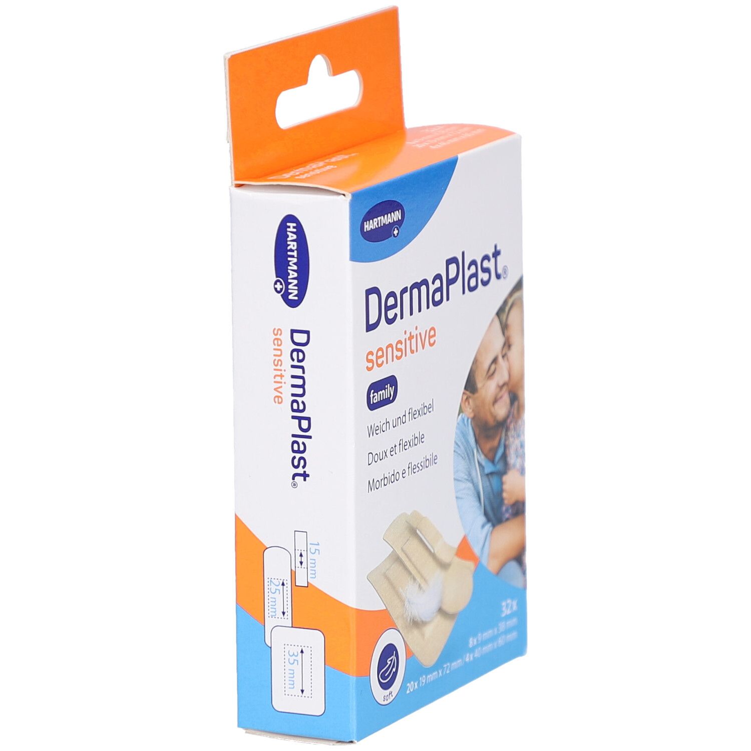 Seitenansicht der DermaPlast Sensitive Family Verpackung. Zeigt Größenangaben der Pflaster. Marke Hartmann sichtbar.